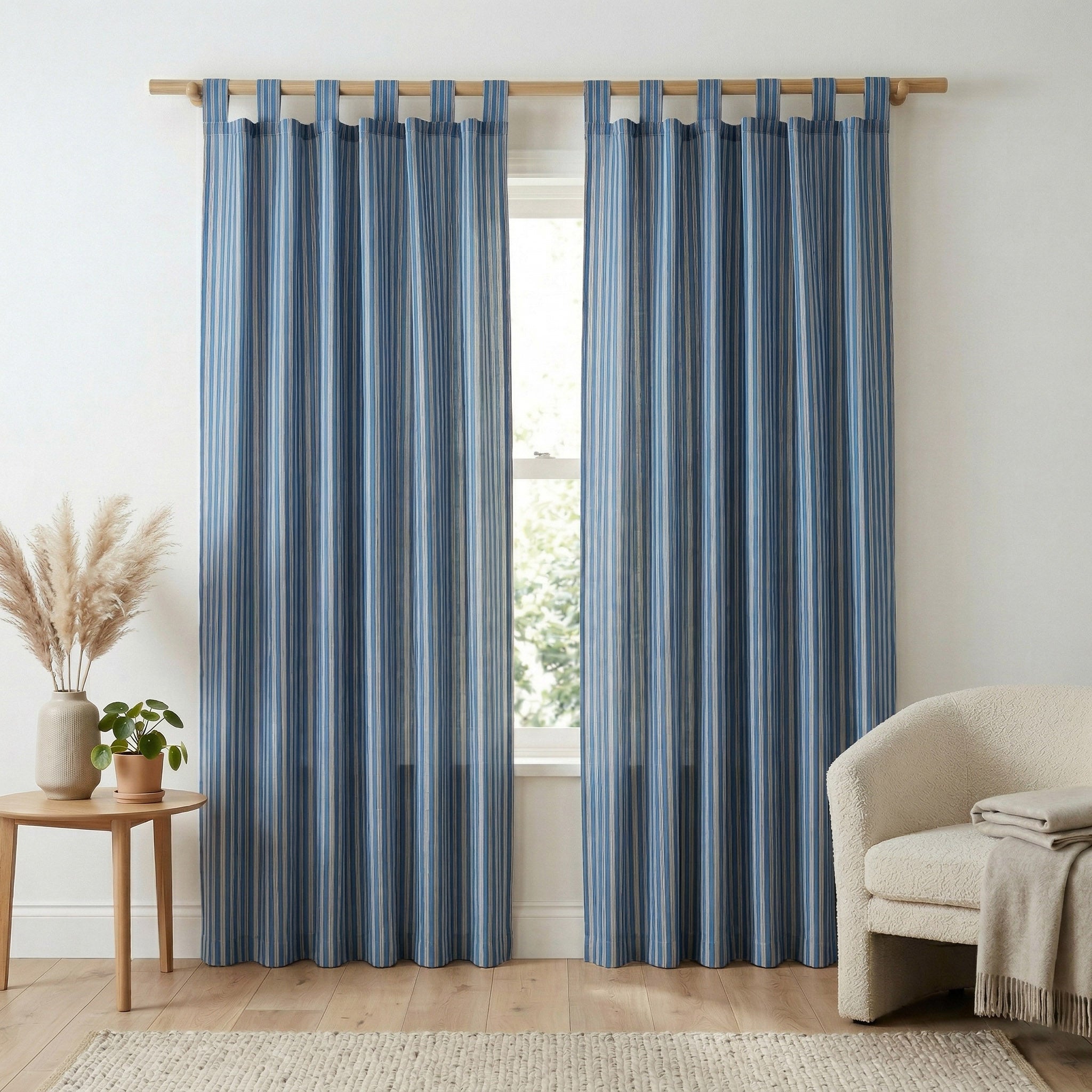 Coastal Blue Ticking Stripe Cotton Curtain – Modern Single Panel