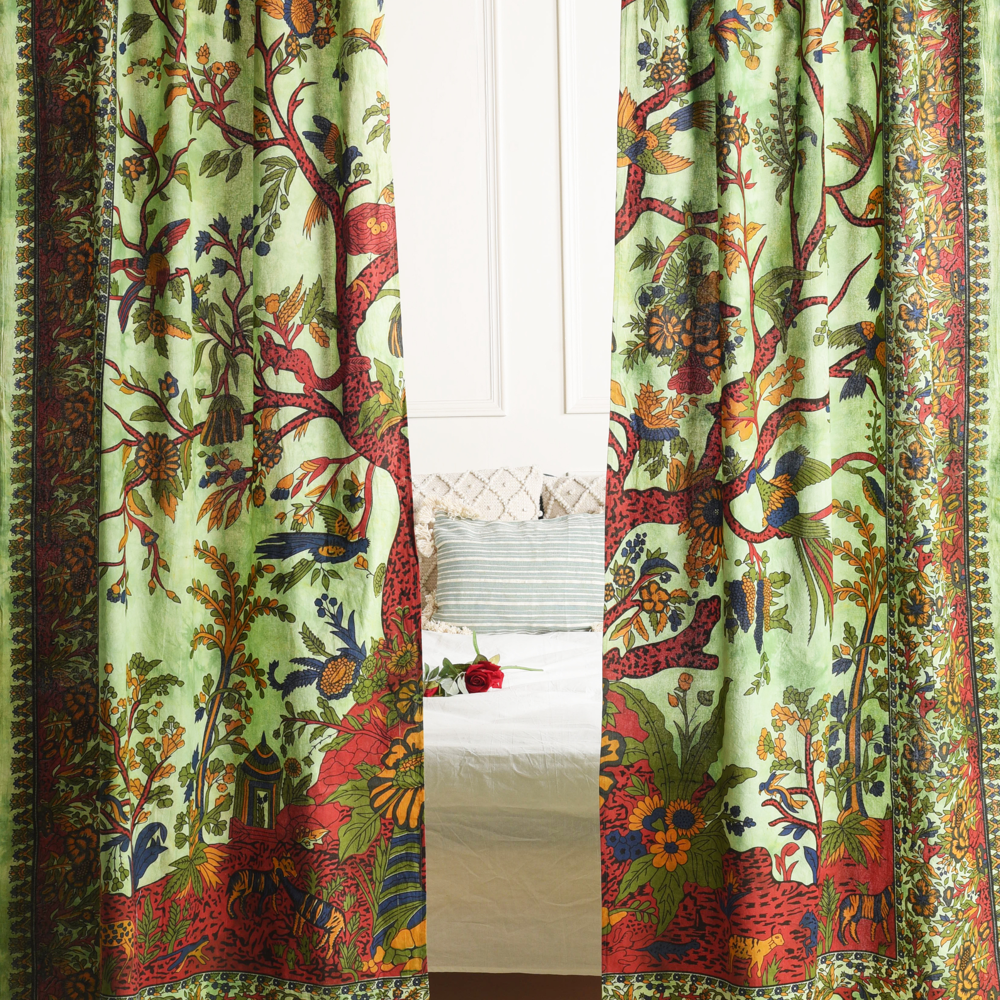 Green Tree Of Life Pure Cotton Curtains - 2 Panel Set