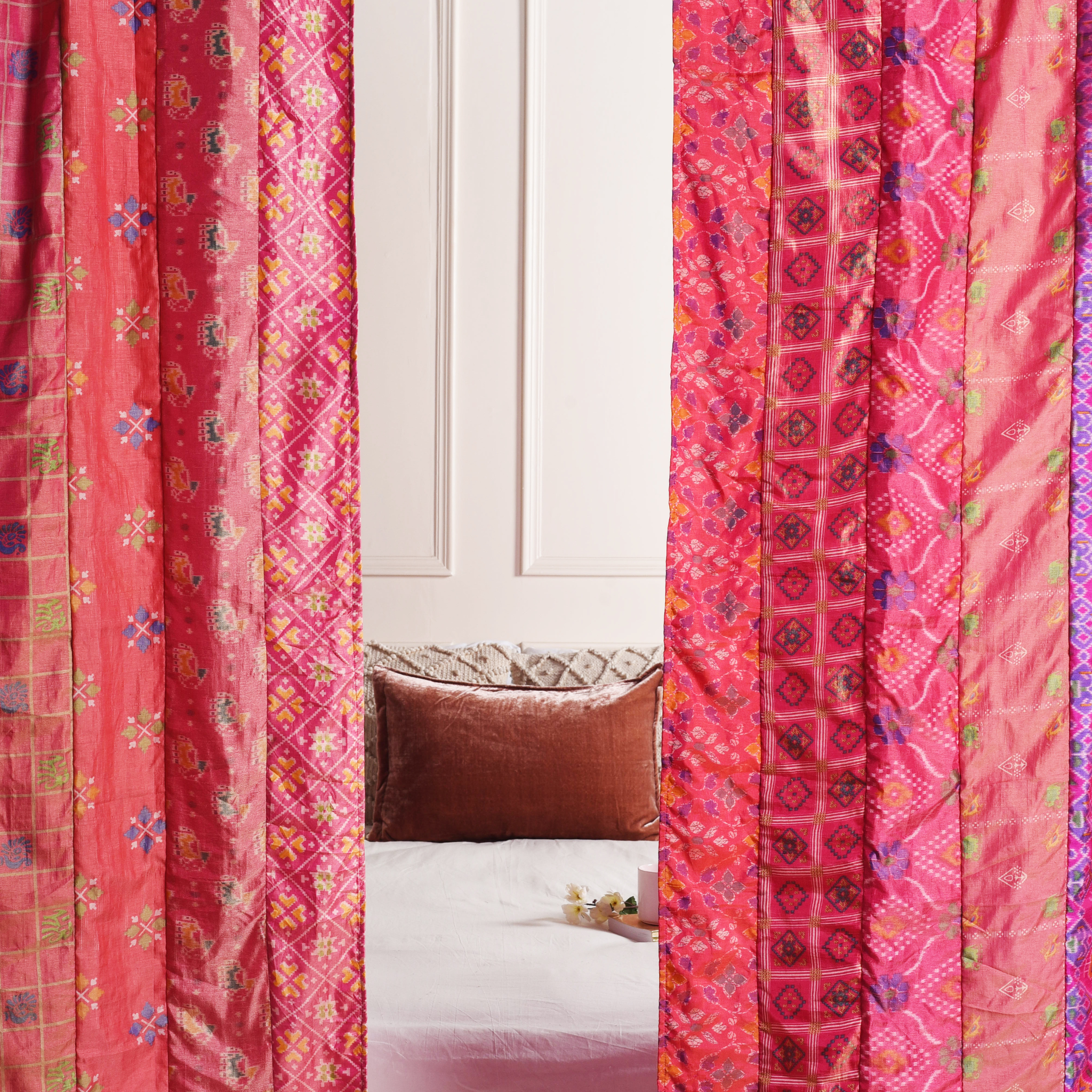 Pink Silk Patchwork Curtains - 2 Panel set