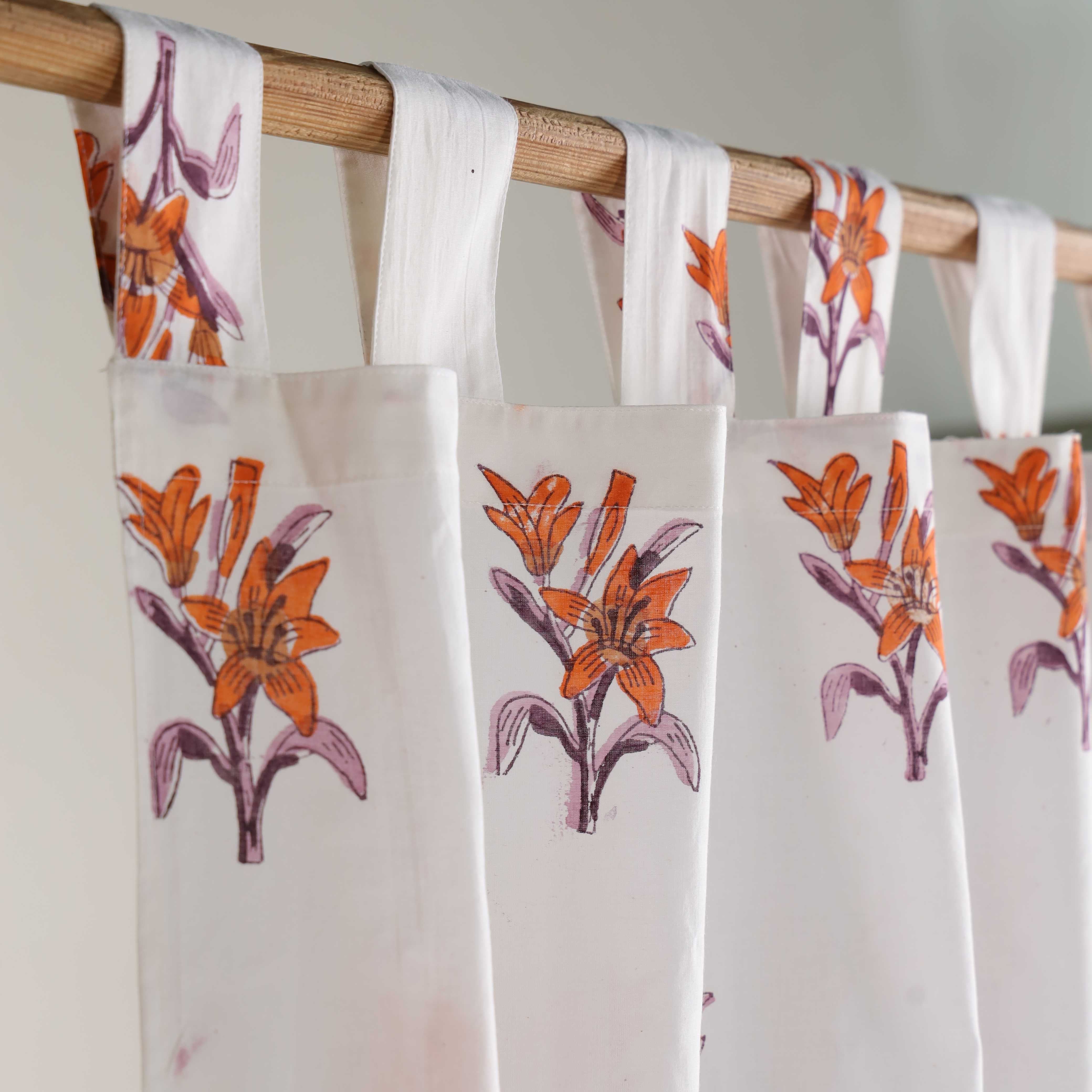Premium 100% Cotton Floral Curtains – Modern Orange Lily Print Tab Top Window Drapes for Living Room & Bedroom