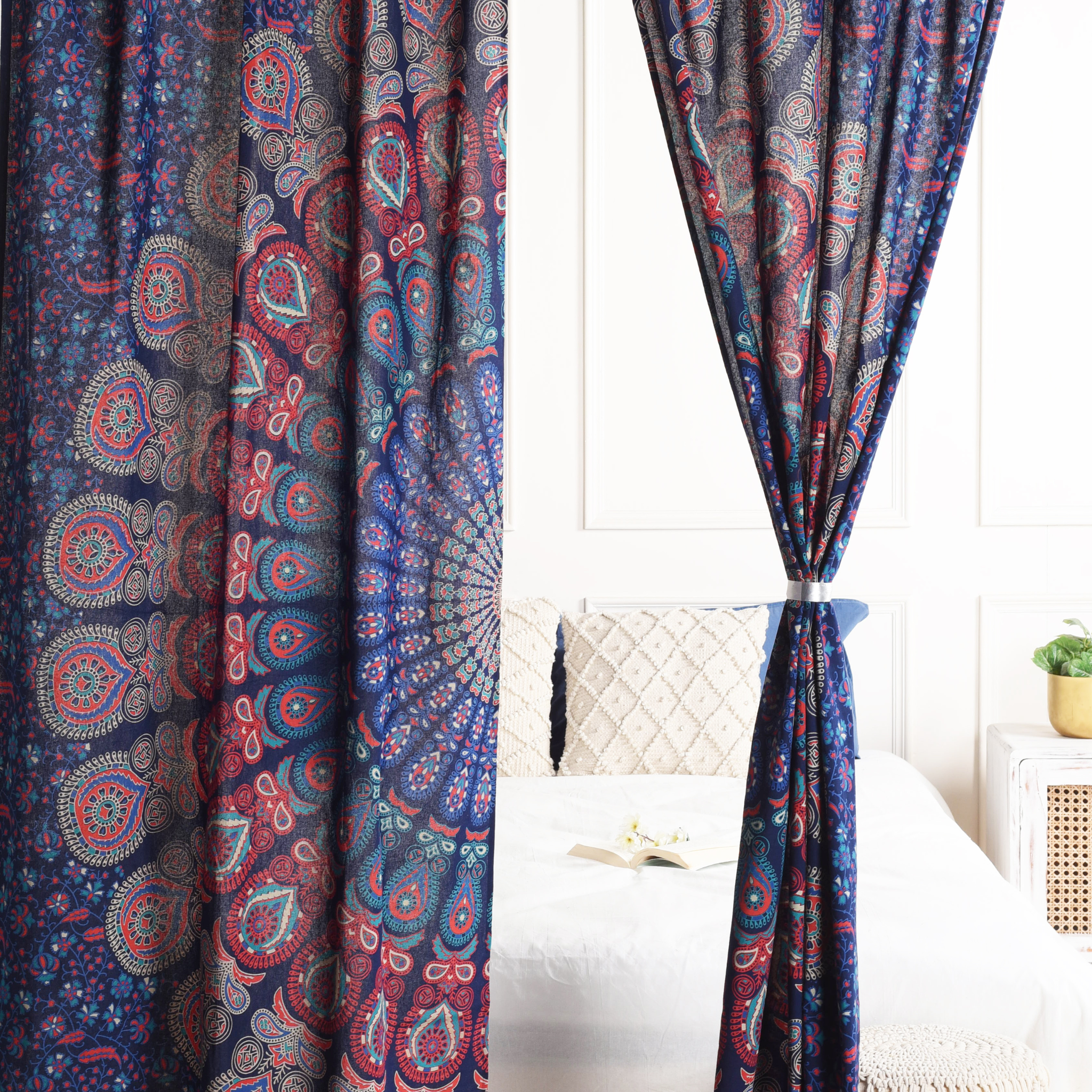 Midnight Blue Peacock Pure Cotton Mandala Curtains - 2 Panel Set