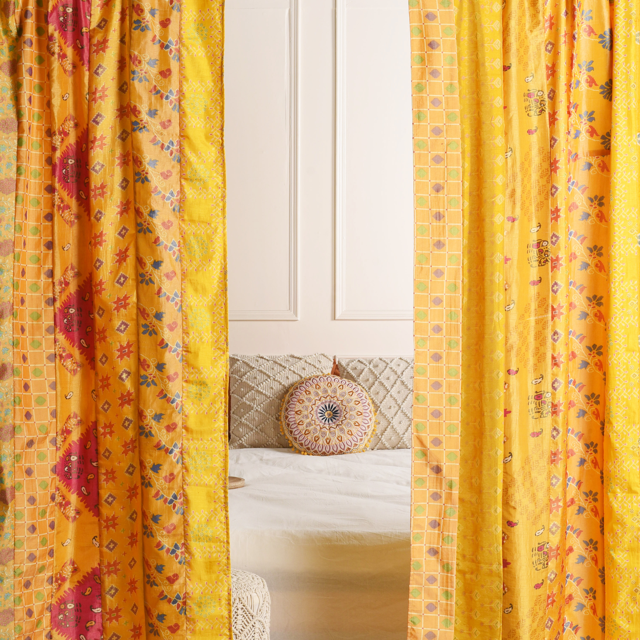 Yellow Silk Patchwork Curtains - 2 Panel set