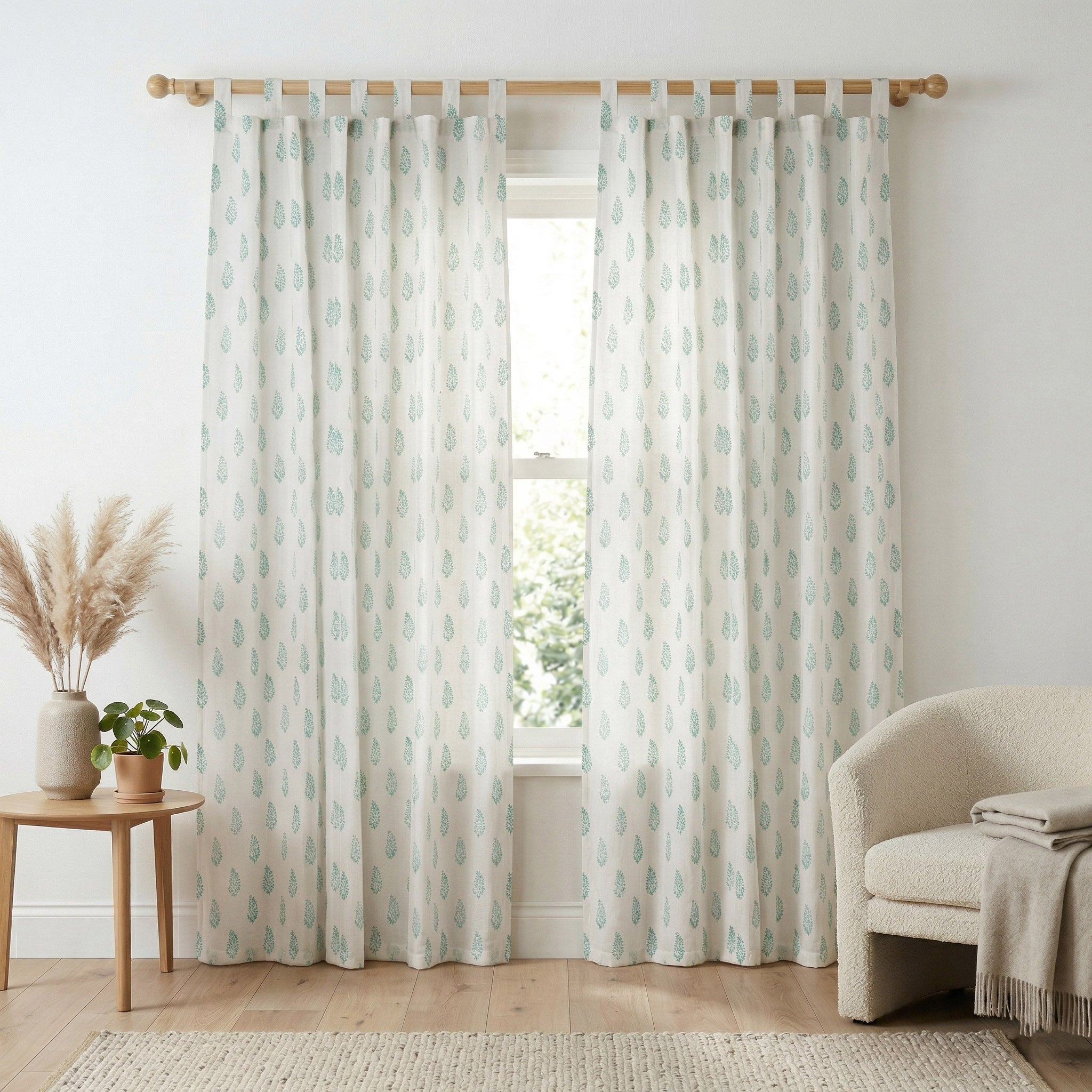 White Teal Boota Printed Inspired Sage Floral Cotton Curtain – Single Panel