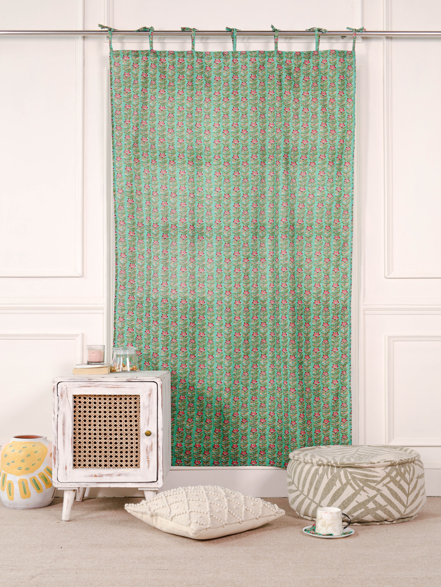 Green Ditsy Floral Printed Curtain 1 Panel Set