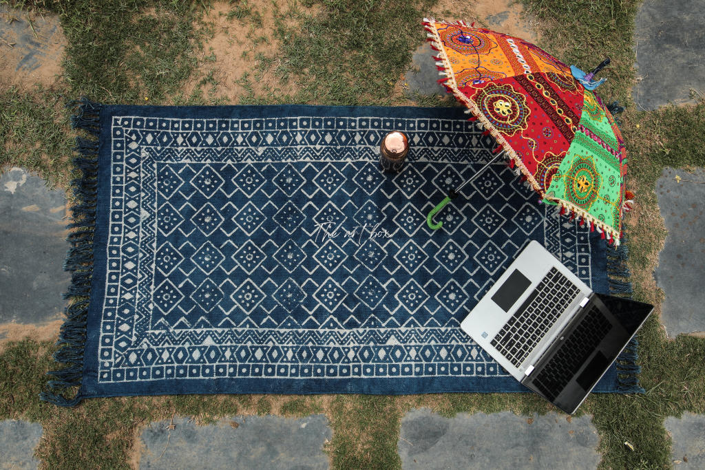 Indigo Blue Dabu Block Print Cotton Rectangular Rugs