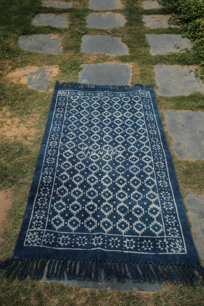 Indigo Blue Hand Block Print Cotton Rectangular Rugs