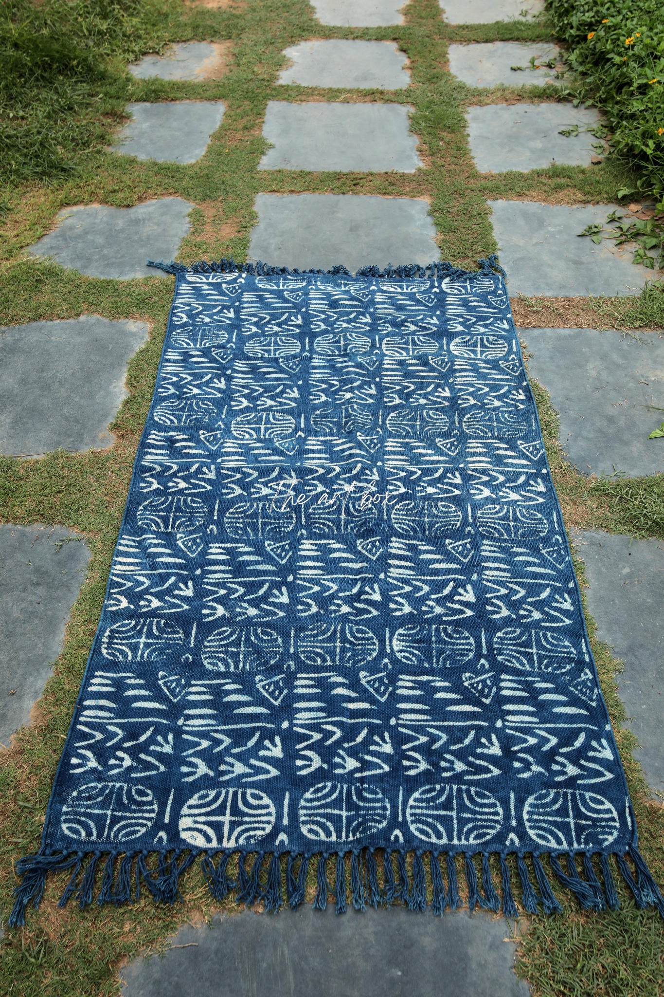 Indigo Blue Dabu Print Cotton Rectangle Rugs