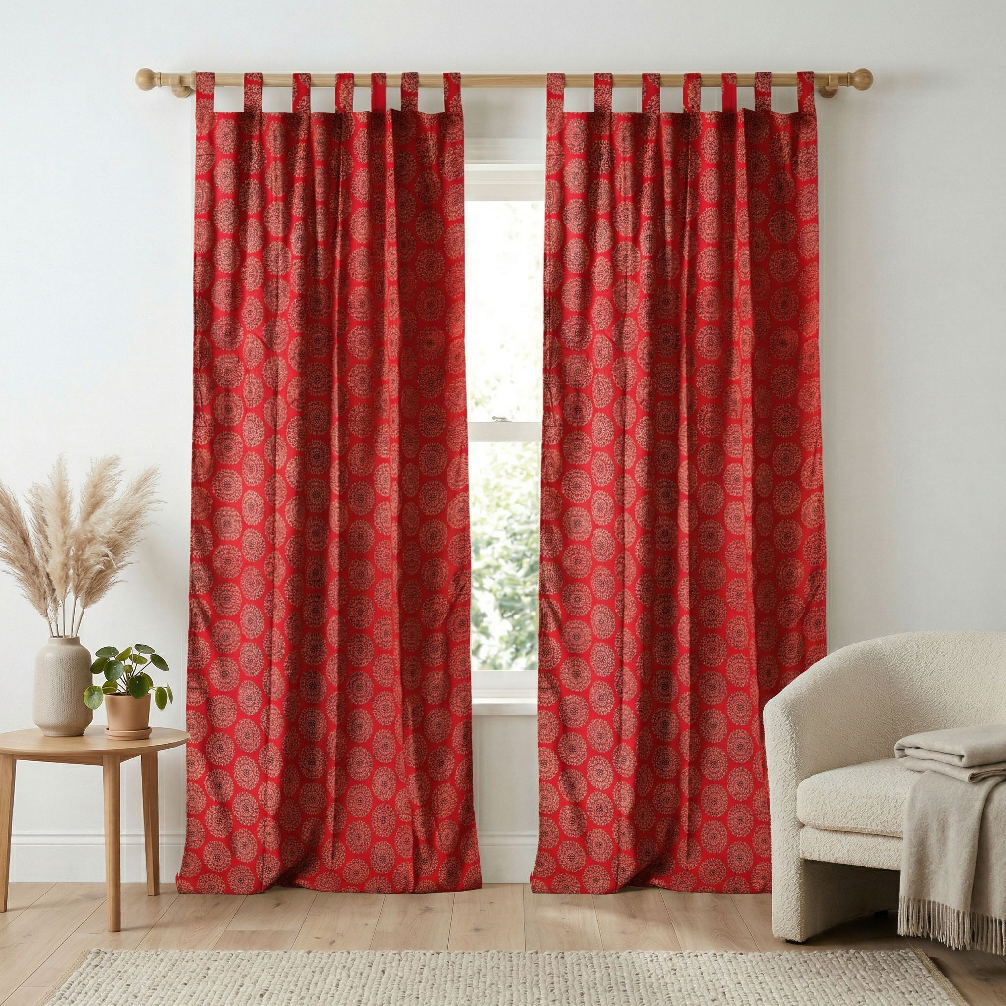 Bohemian Mandala Red Cotton Curtain – Handcrafted Single Panel Drapery