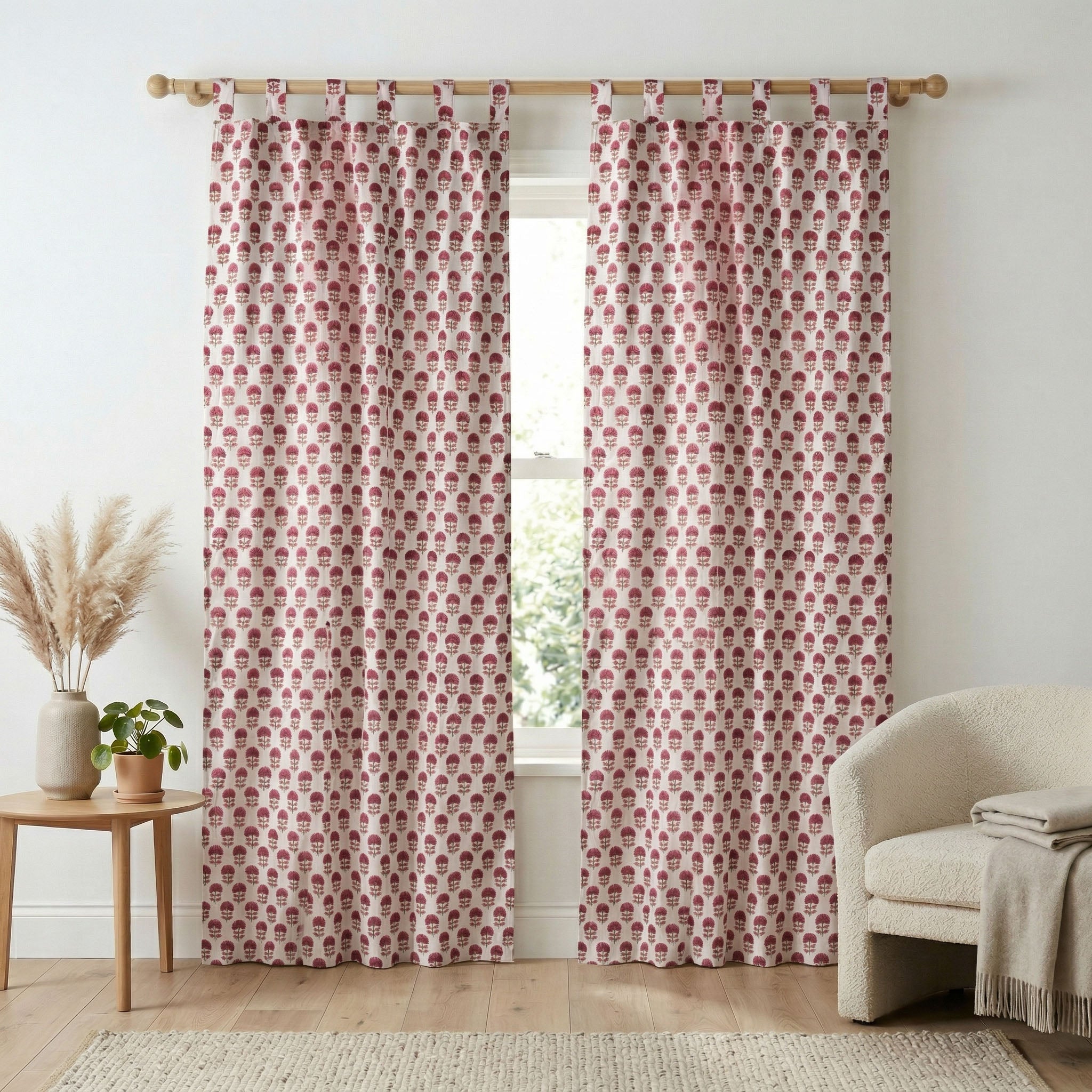Burgundy Floral Bud Cotton Curtain – Handcrafted Single Panel Drapery