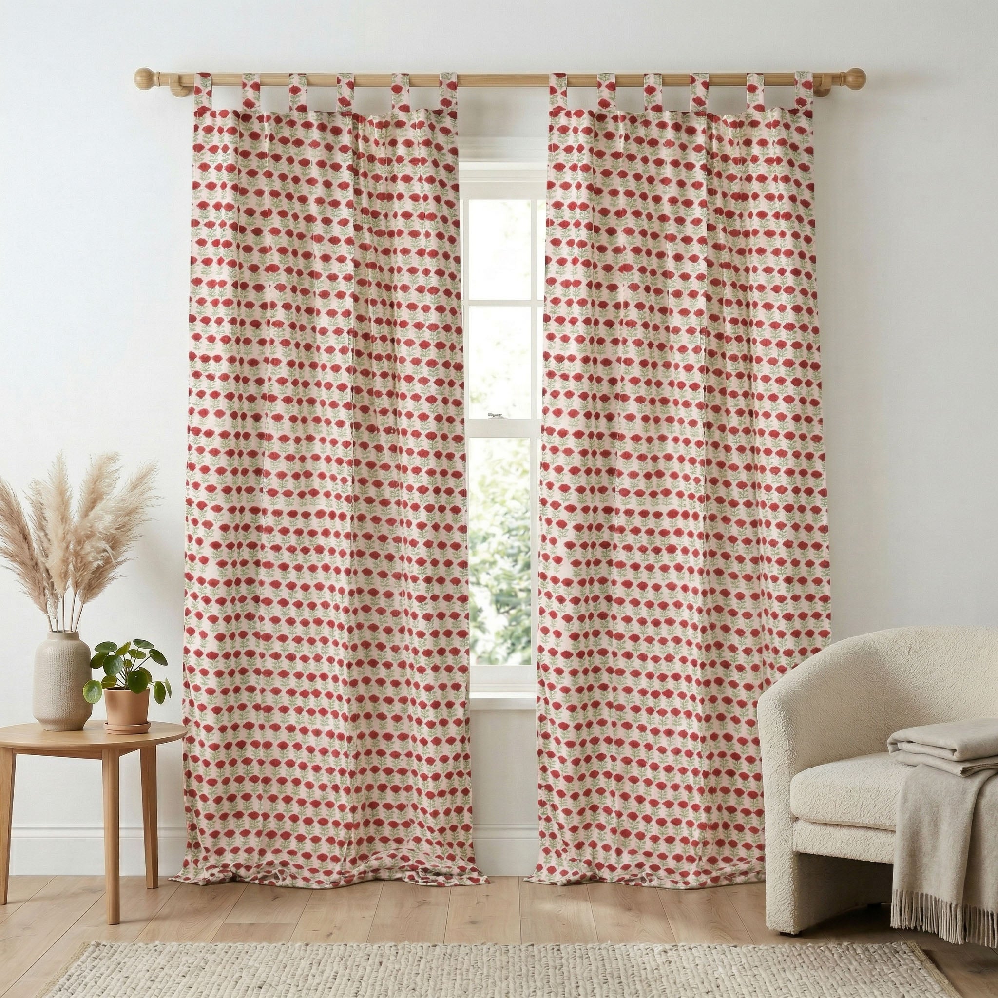 Vintage Pink Meadow Floral Cotton Curtain – Single Panel Tab Top Window Drapery