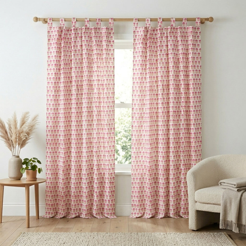 Blush Pink Floral 100% Cotton Curtain - Single Panel Modern Farmhouse Window Treatment