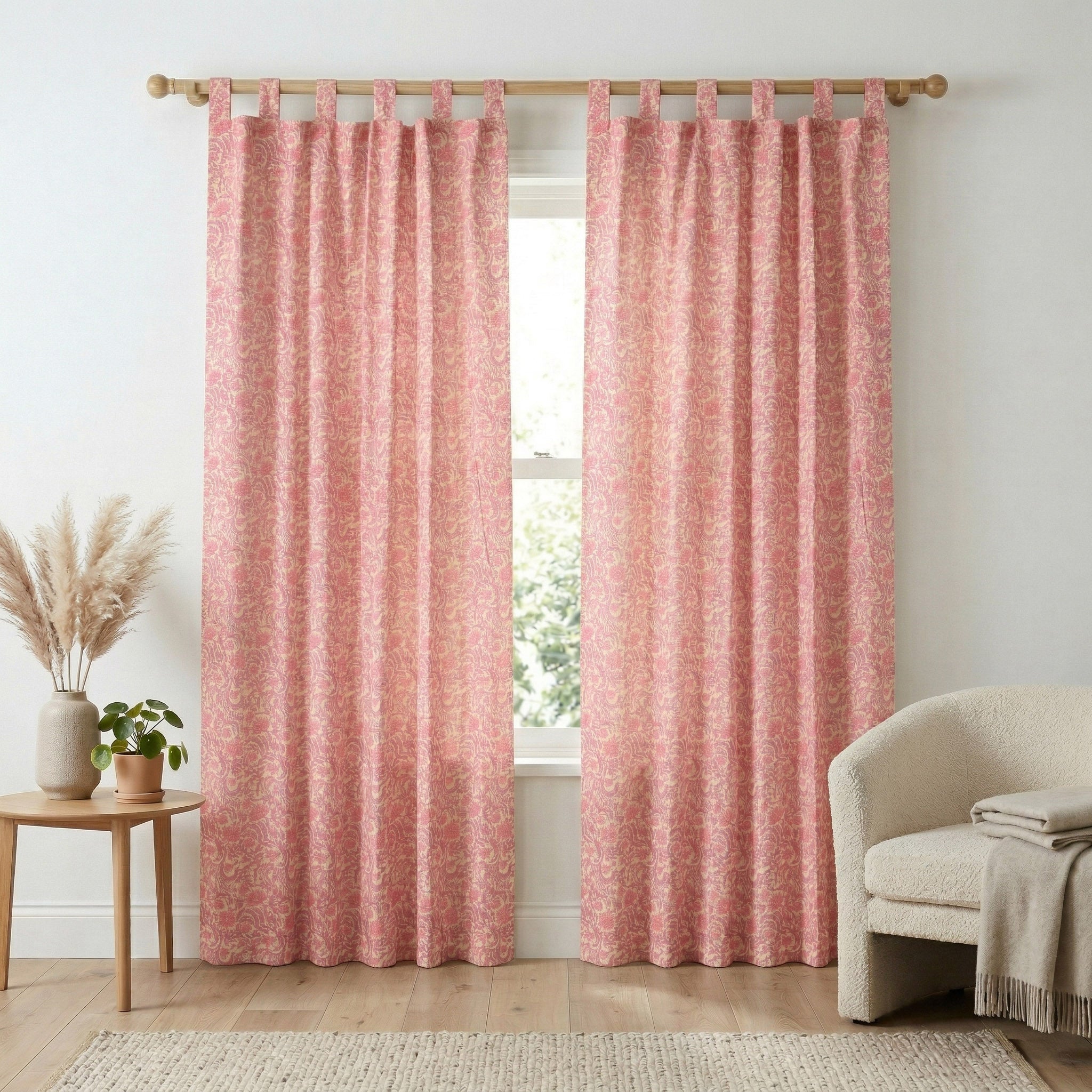 Premium 100% Cotton Pink Floral Damask Curtain - Elegant Boho Farmhouse Single Panel