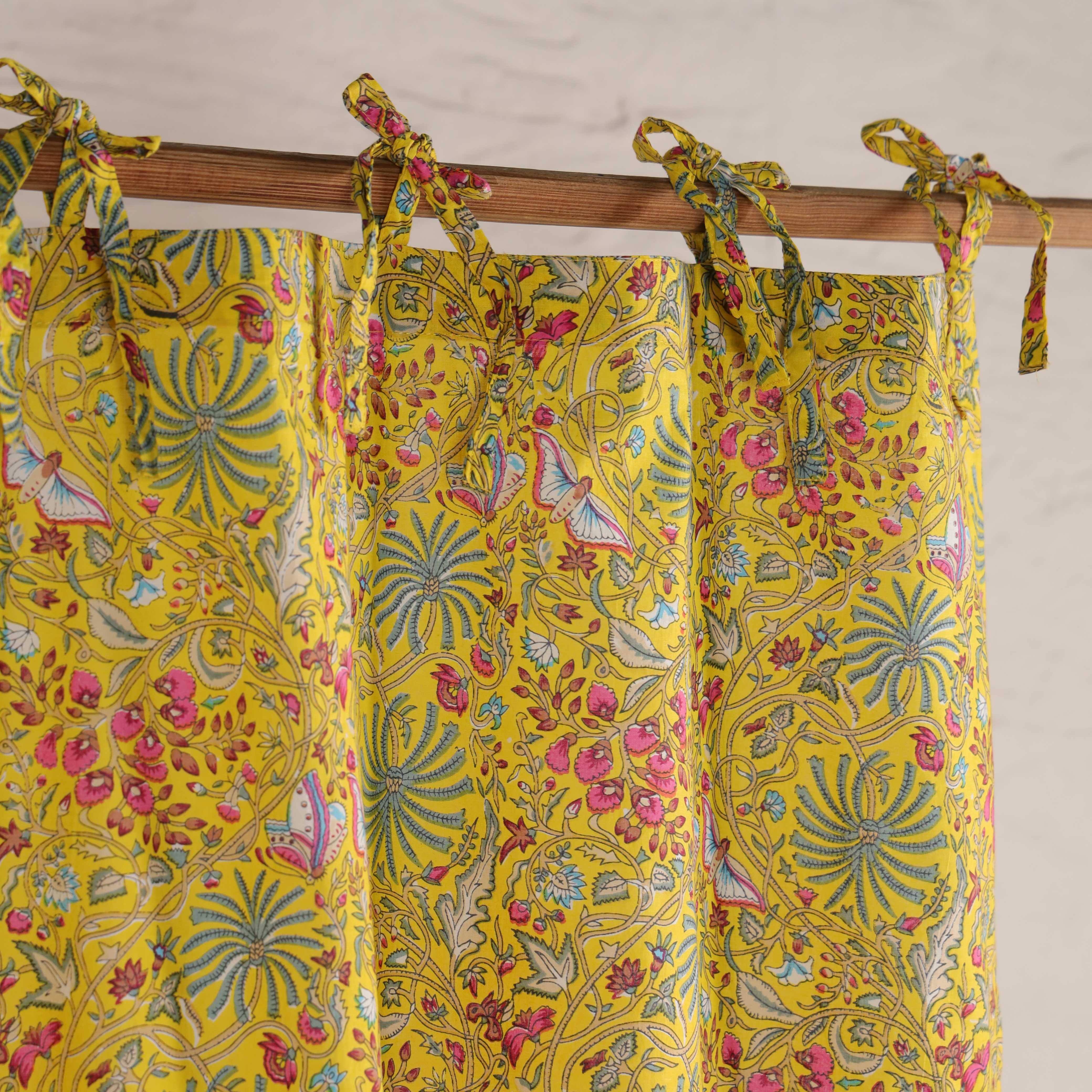 Handcrafted 100% Cotton Floral Curtain – Single Panel Vibrant Yellow Botanical Tie-Top Drapes for Boho & Farmhouse Decor