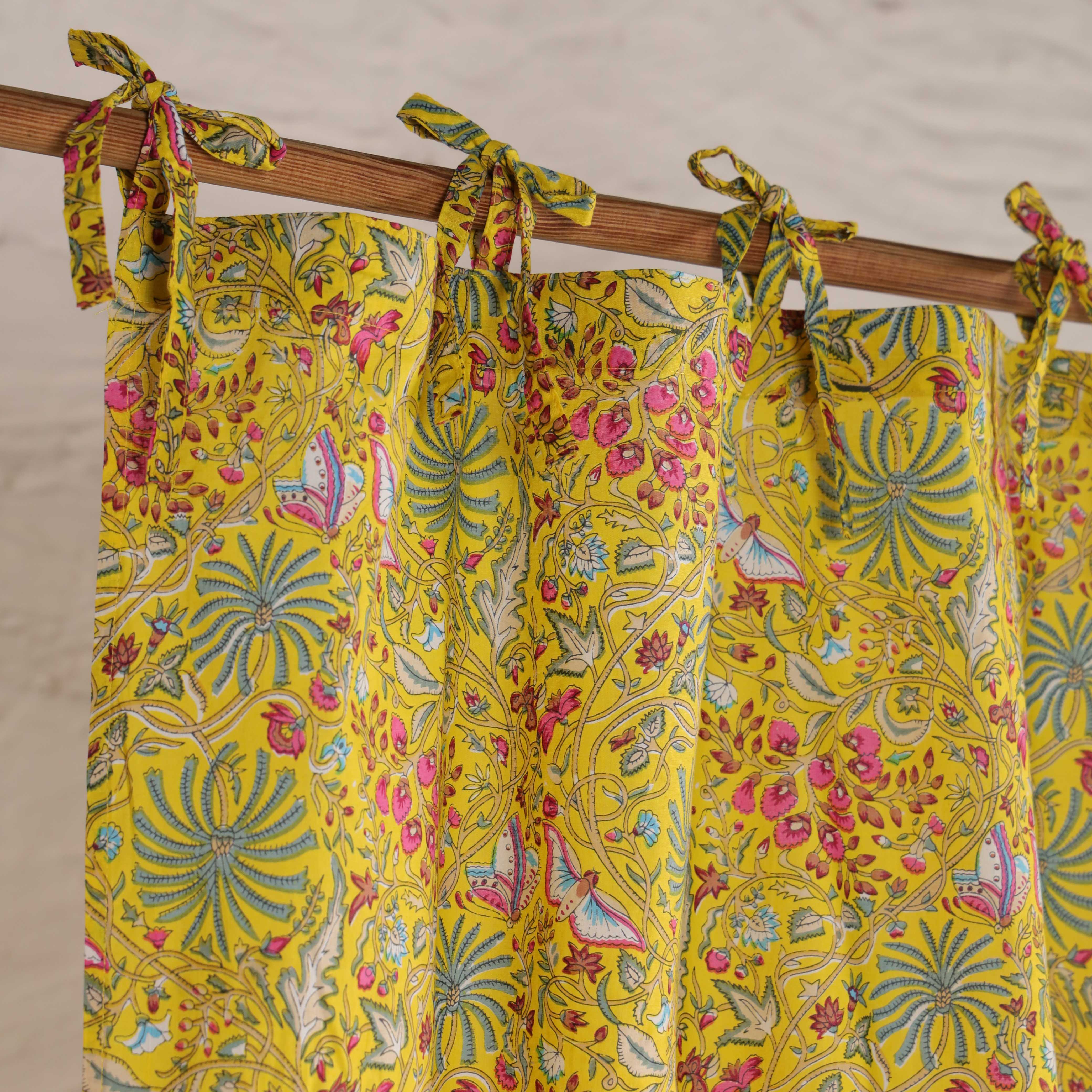 Handcrafted 100% Cotton Floral Curtain – Single Panel Vibrant Yellow Botanical Tie-Top Drapes for Boho & Farmhouse Decor