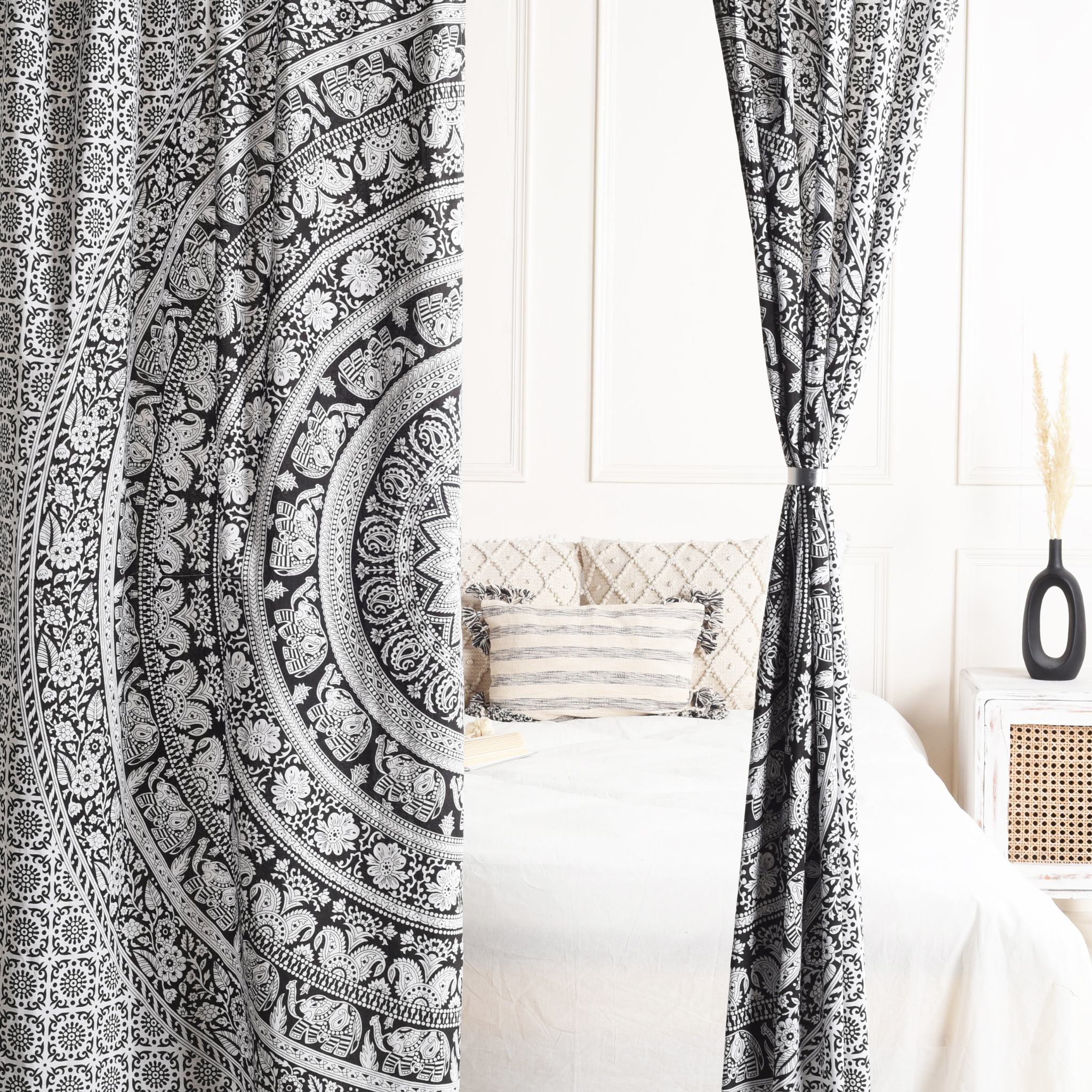 White and Black Pure Cotton Mandala Curtains - 2 Panel Set