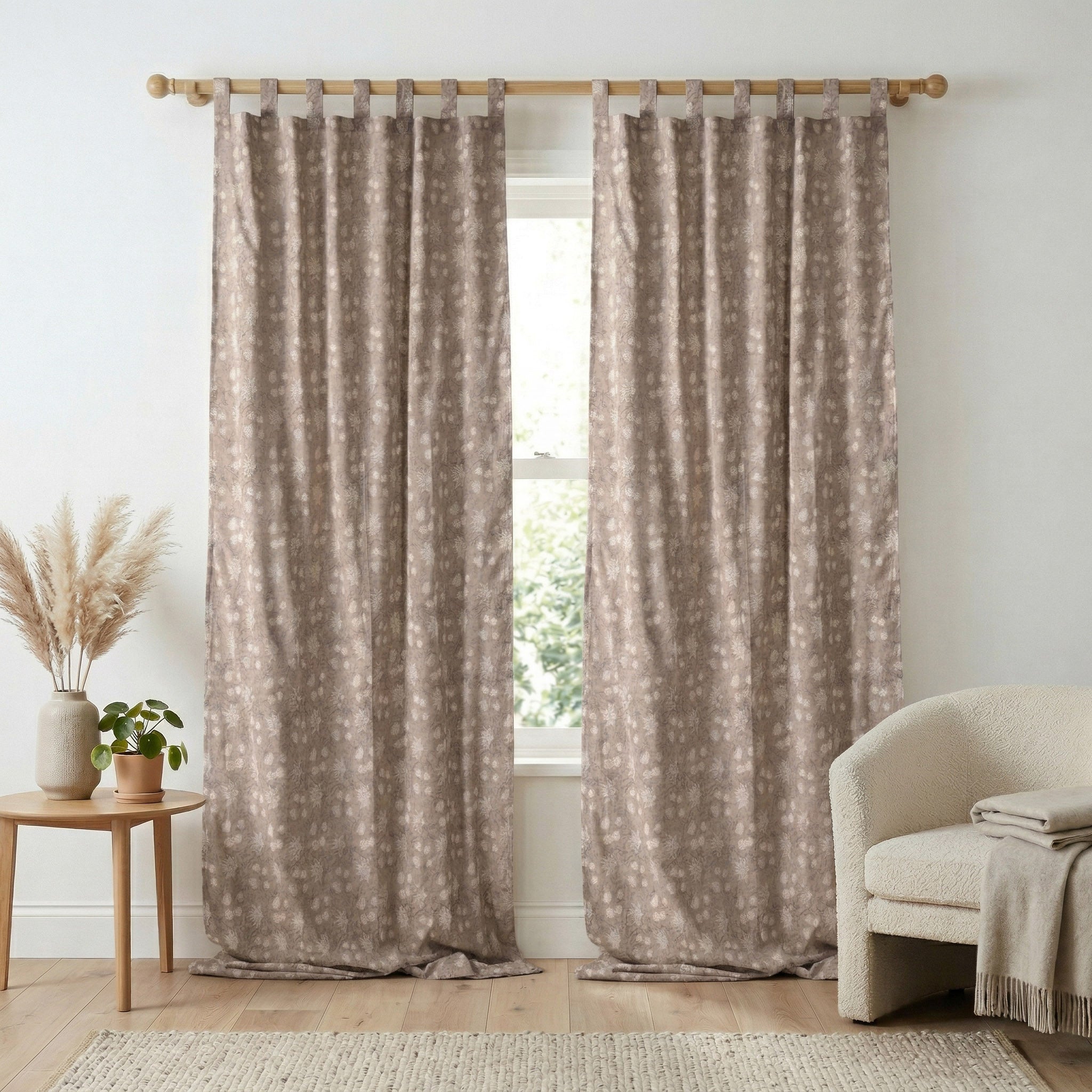 Earthy Taupe Wildflower Cotton Curtain – Single Panel Tab Top Window Drapery