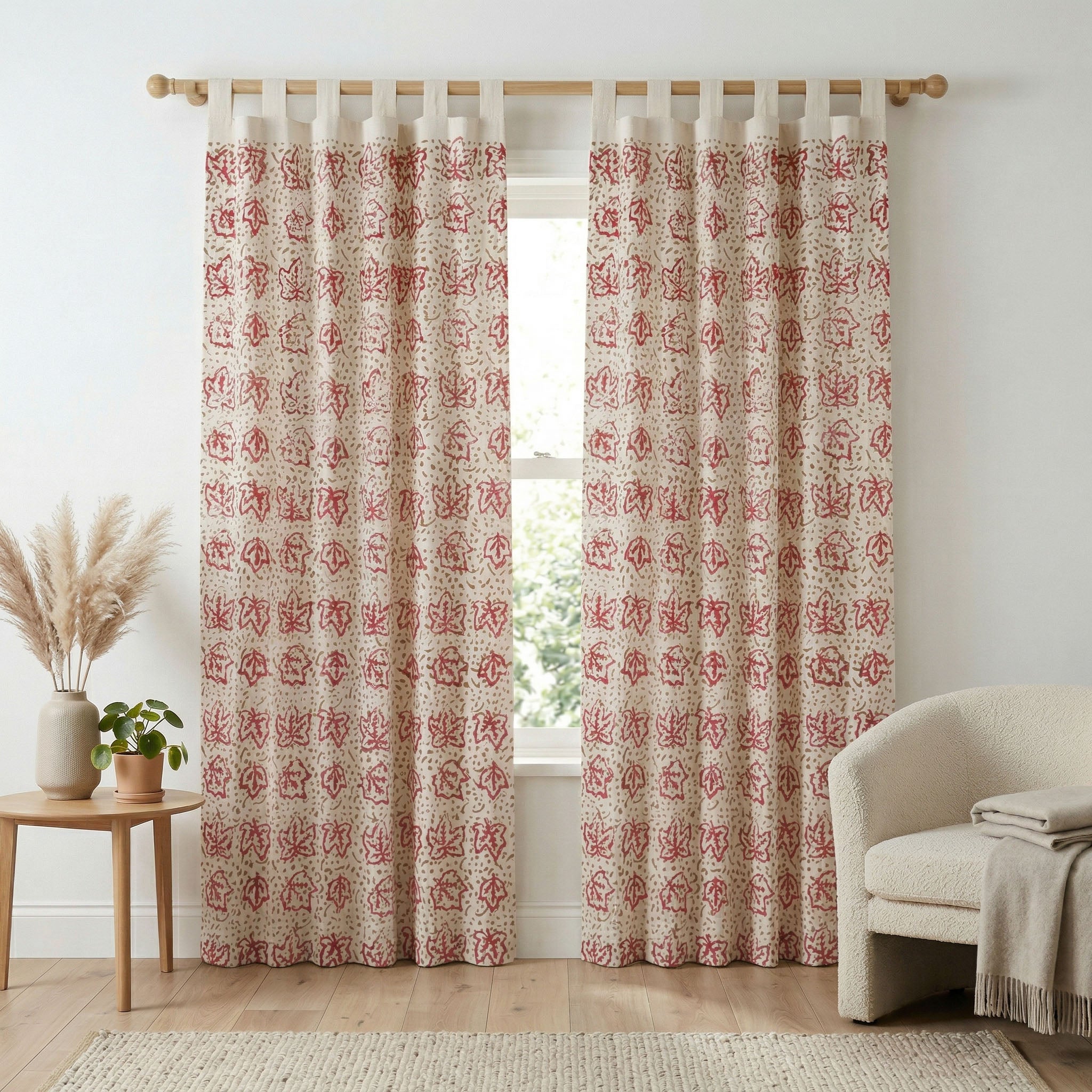 Artisanal Leaf Print Cotton Curtain – Single Panel Tab Top