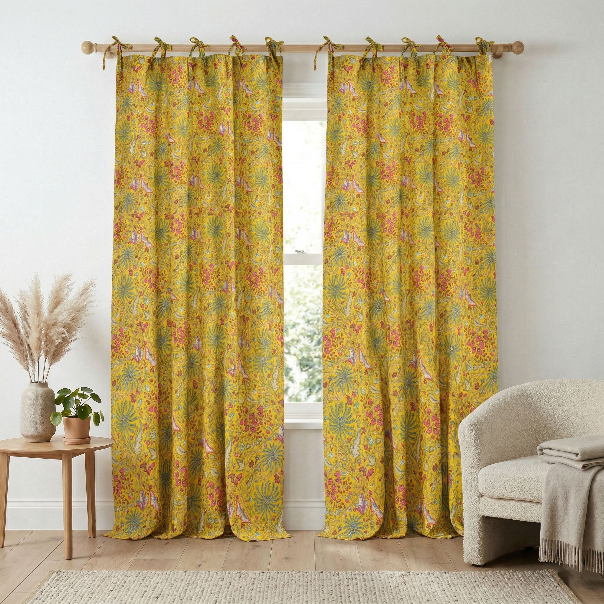 Handcrafted 100% Cotton Floral Curtain – Single Panel Vibrant Yellow Botanical Tie-Top Drapes for Boho & Farmhouse Decor