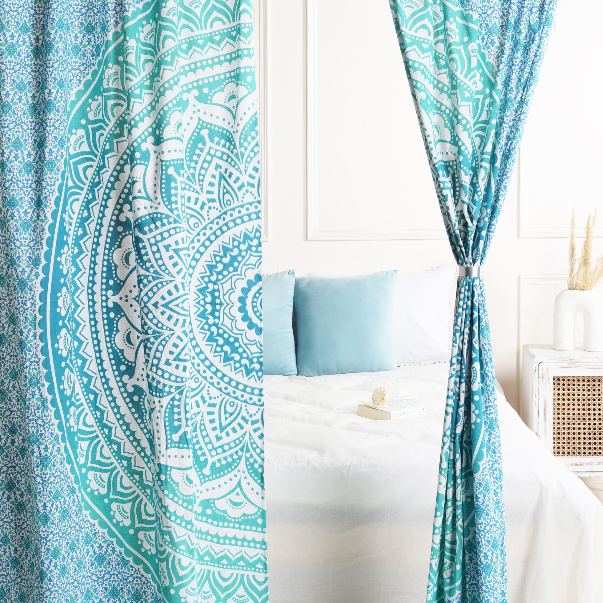 Turquoise Blue Lotus Pure Cotton Mandala Curtains - 2 Panel Set