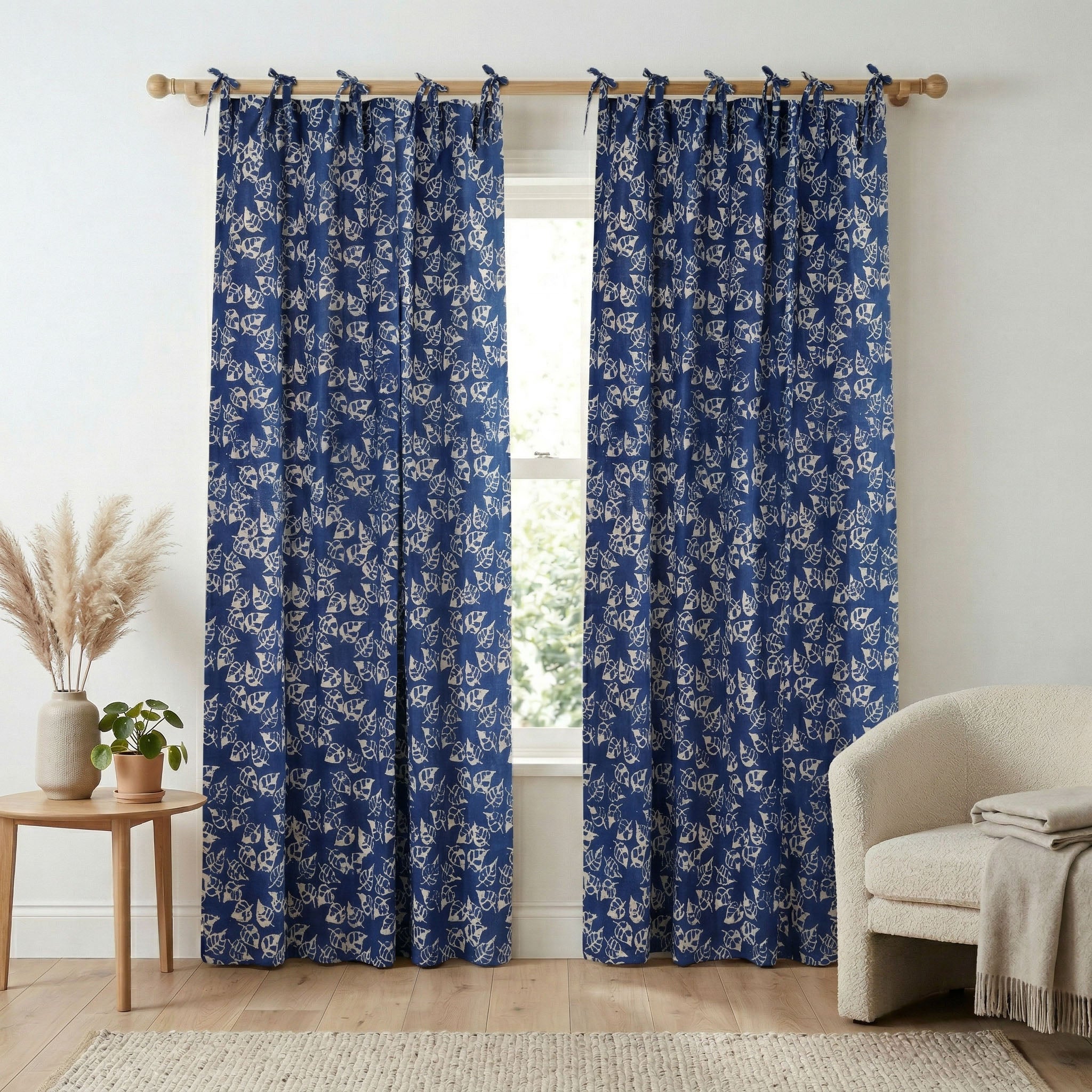Premium 100% Cotton Botanical Leaf Print Curtain - Modern Indigo Blue & White Window Treatment with Tie-Top (Single Panel)