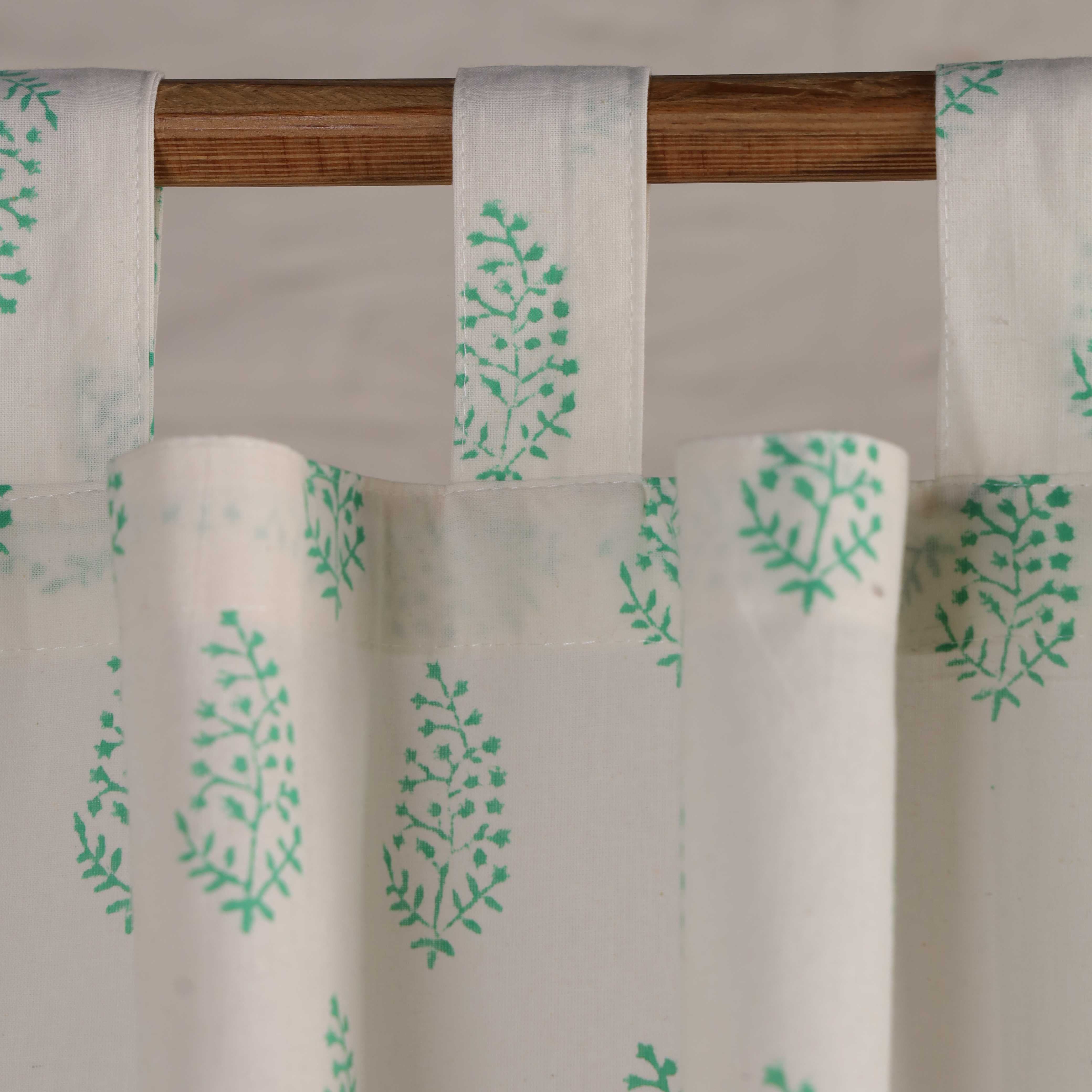 White Teal Boota Printed Inspired Sage Floral Cotton Curtain – Single Panel