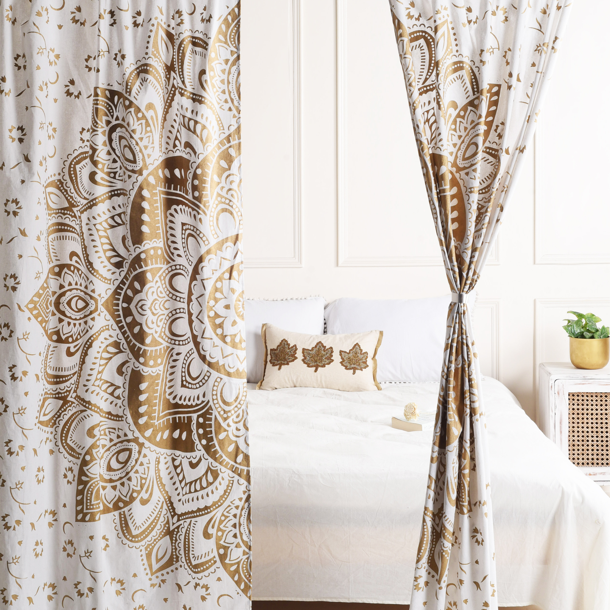 White and Gold Lotus Pure Cotton Mandala Curtains - 2 Panel Set