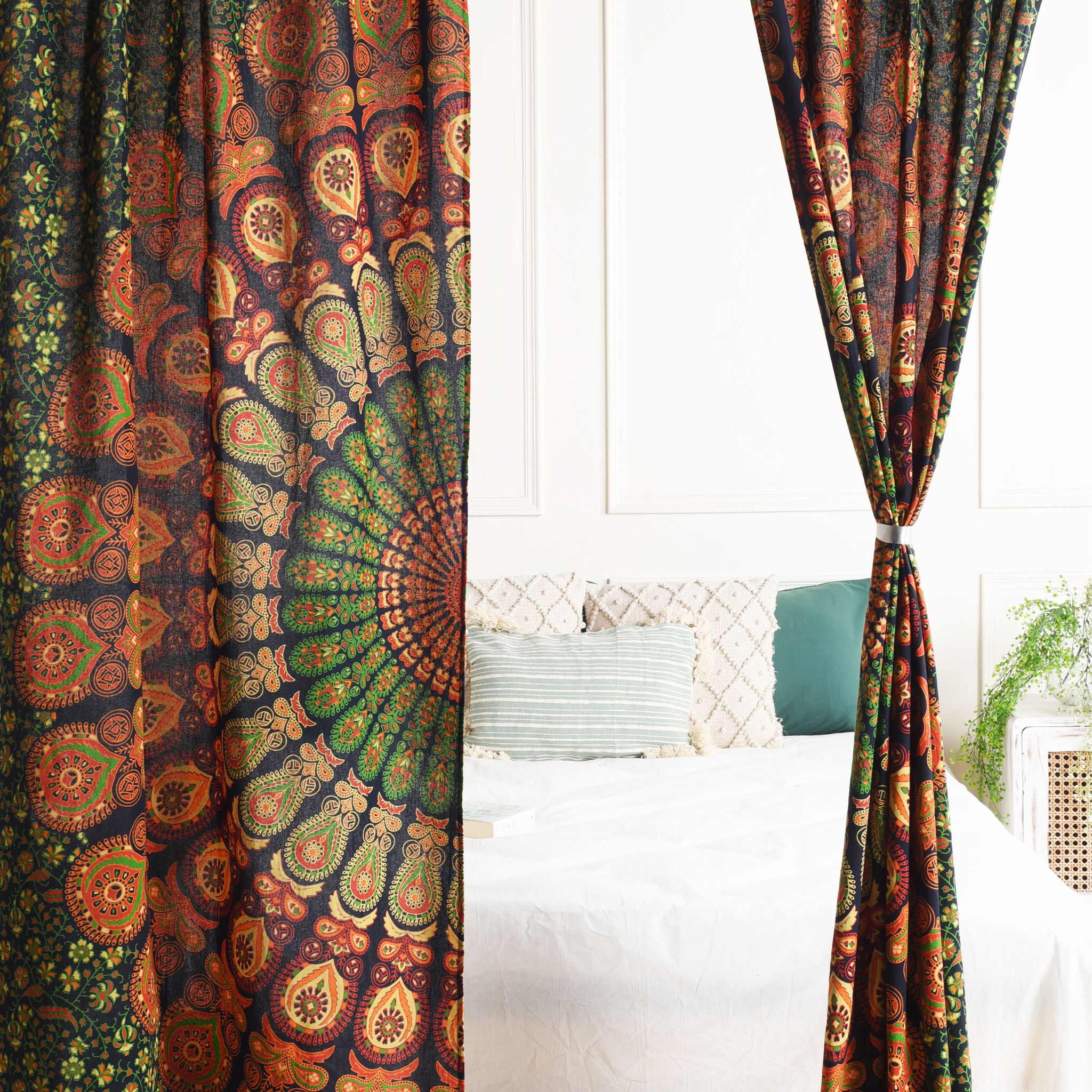 Green Peacock Pure Cotton Mandala Curtains - 2 Panel Set