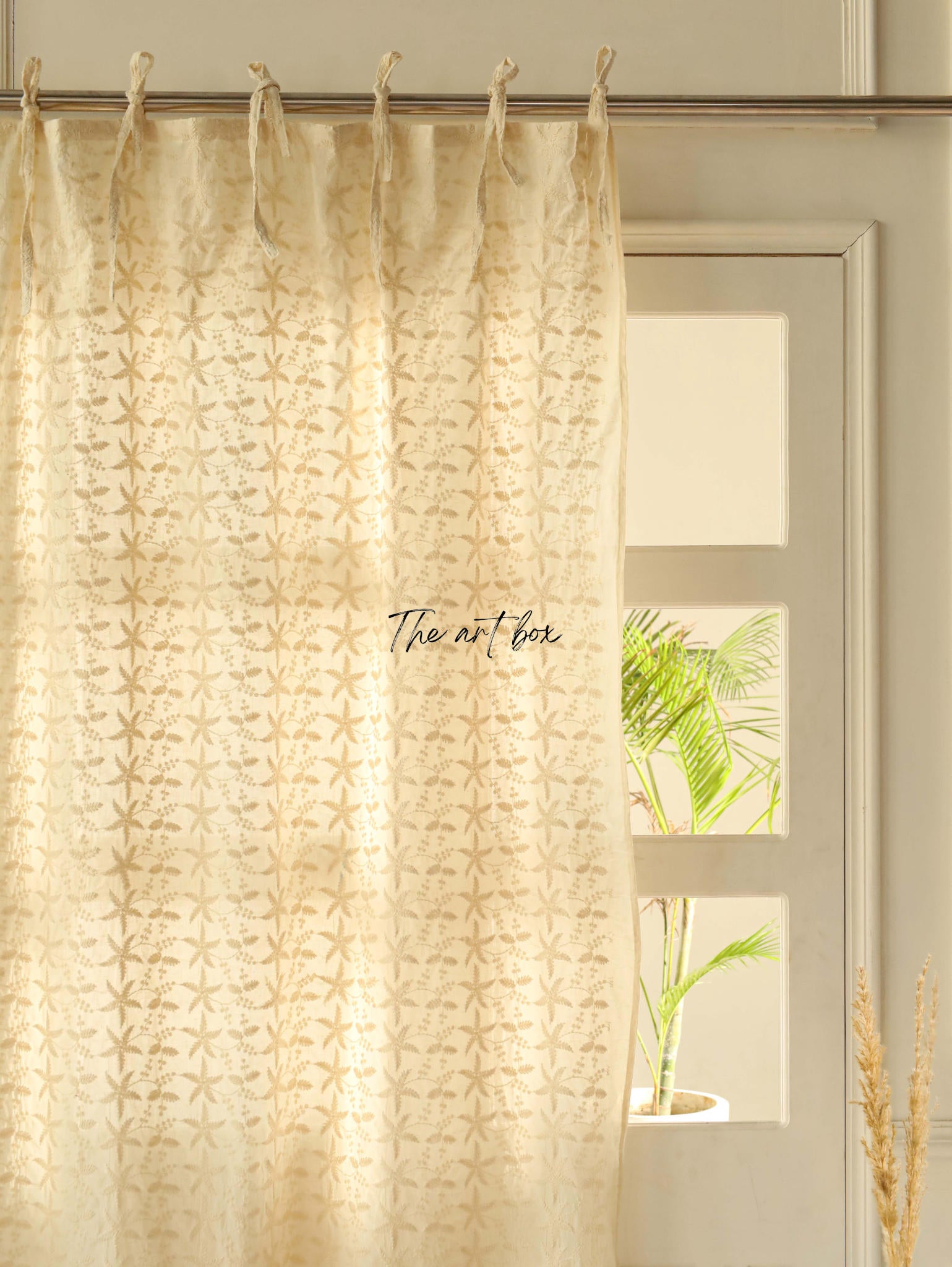 Beige Embroidered Cotton Curtains - 1 Panel Set