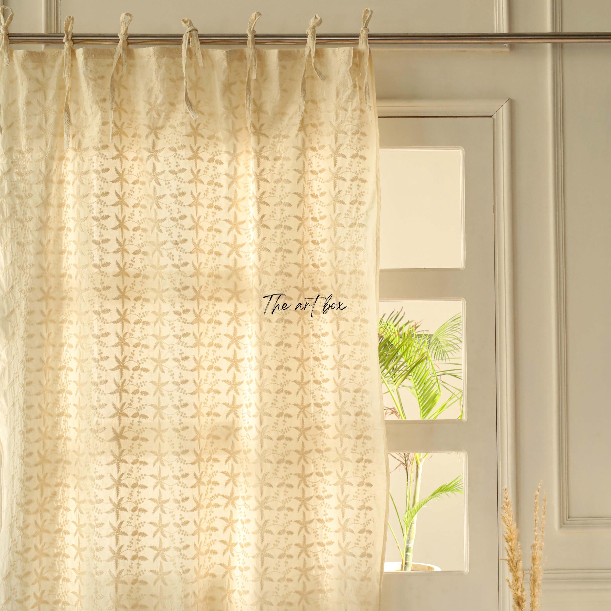 Beige Embroidered Cotton Curtains - 1 Panel Set