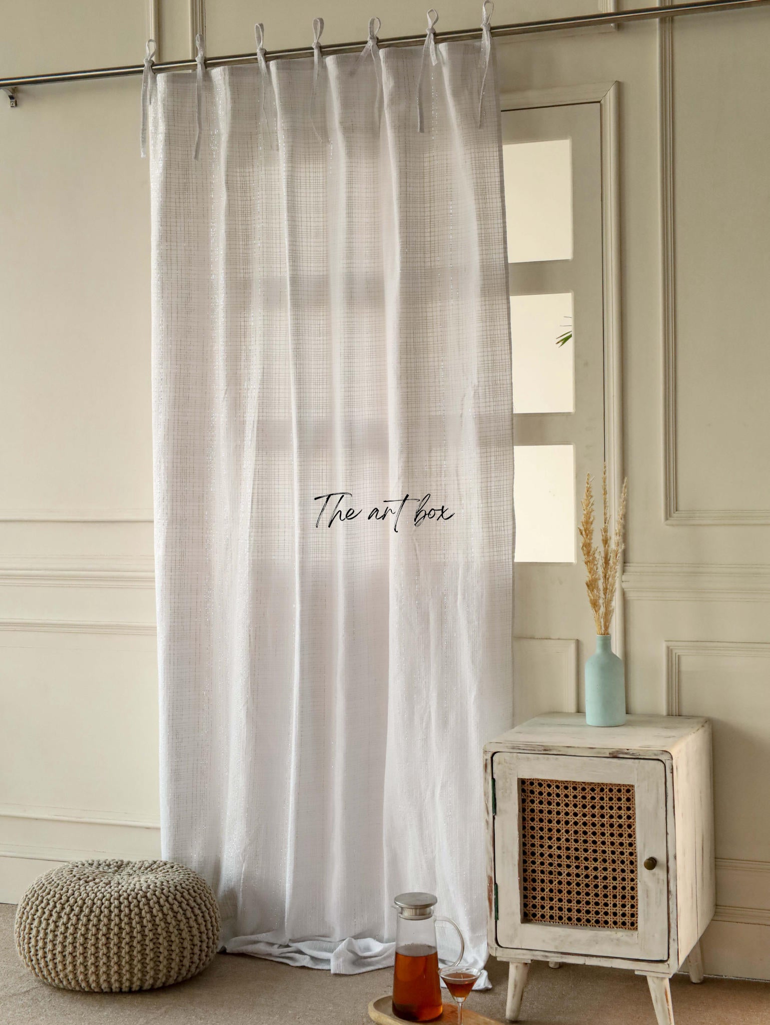 White Cotton Striped Curtains - 1 Panel Set