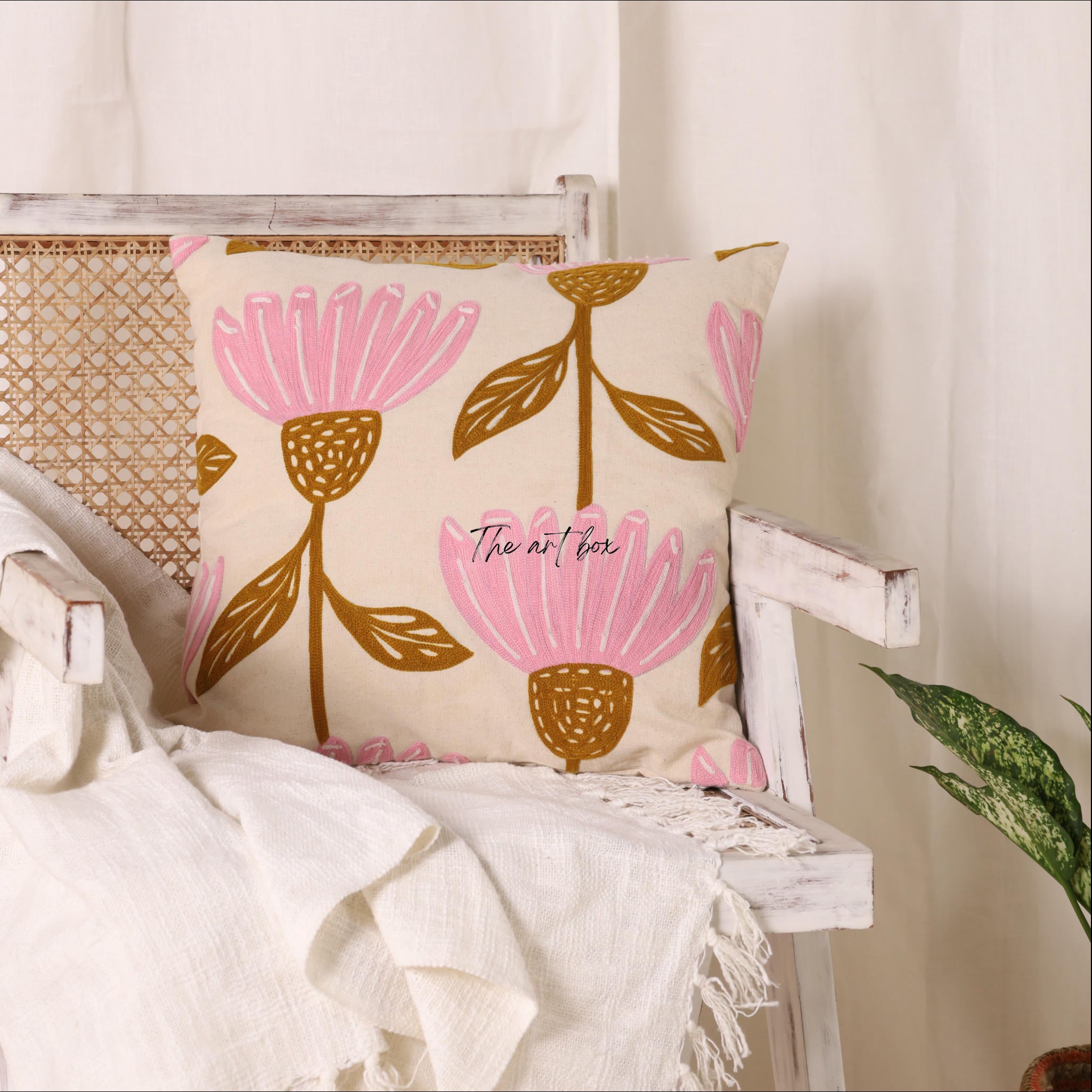 Floral Harmony Embroidered Flower Decorative Pillow Cover