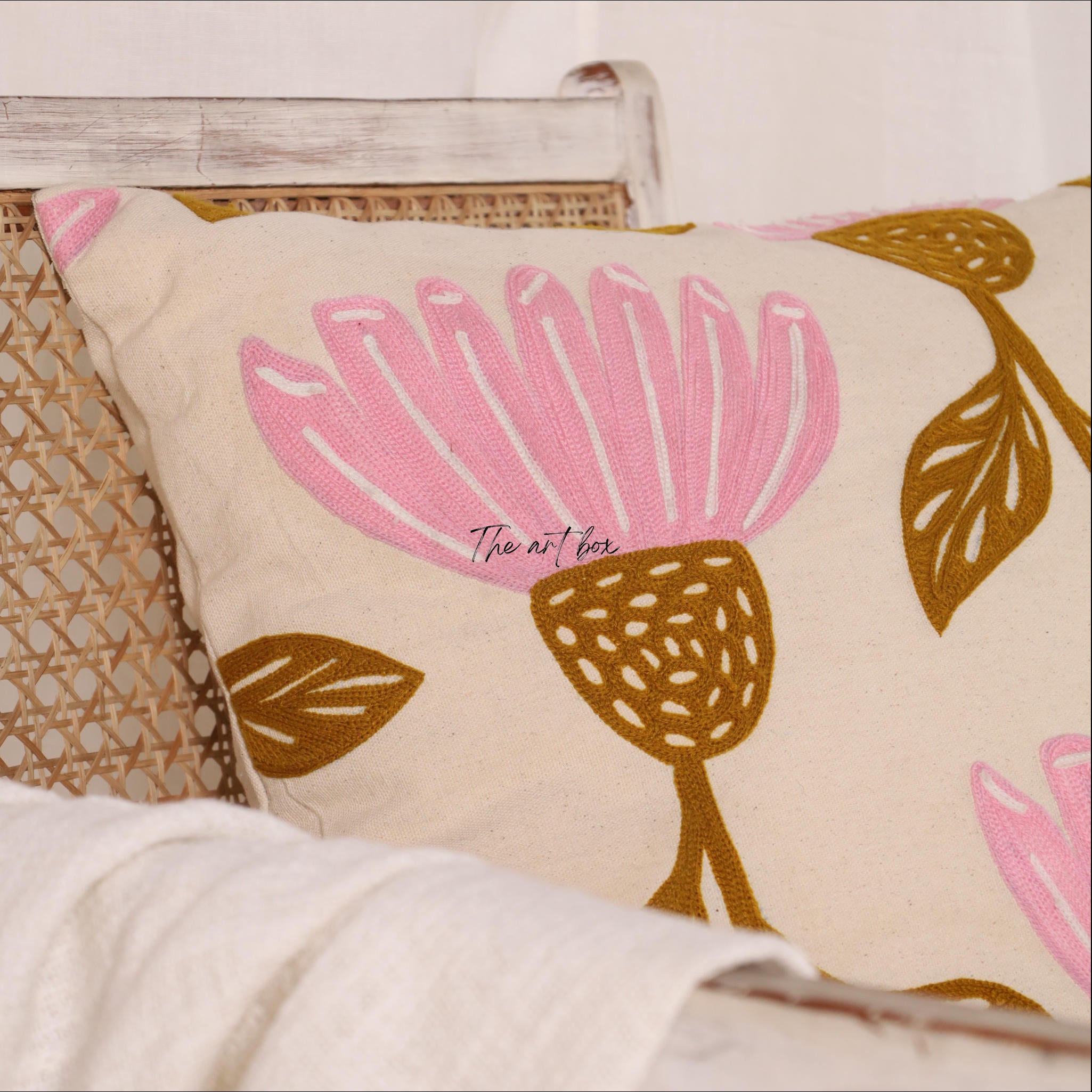 Floral Harmony Embroidered Flower Decorative Pillow Cover
