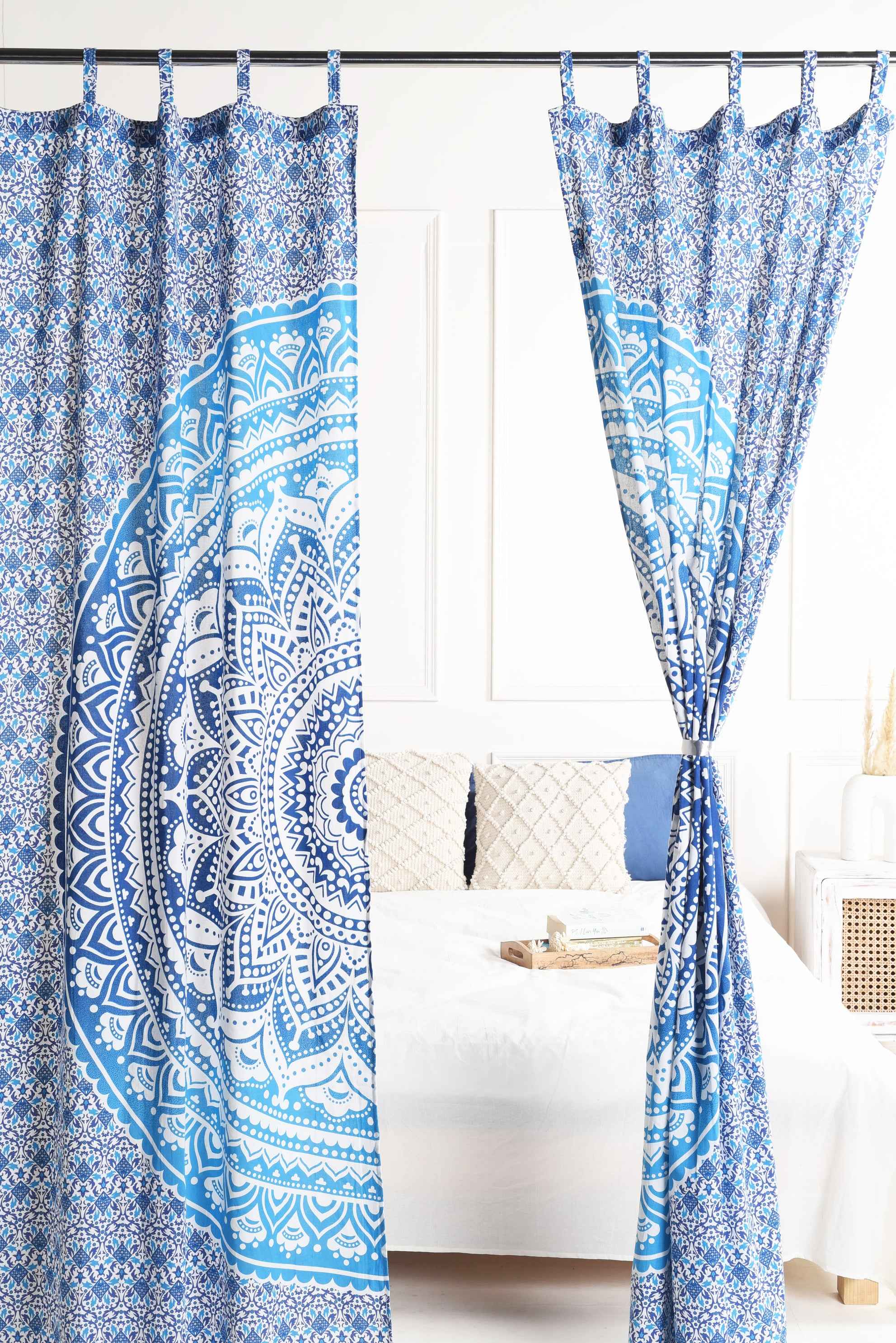 Sea Blue Lotus Pure Cotton Mandala Curtains - 2 Panel Set