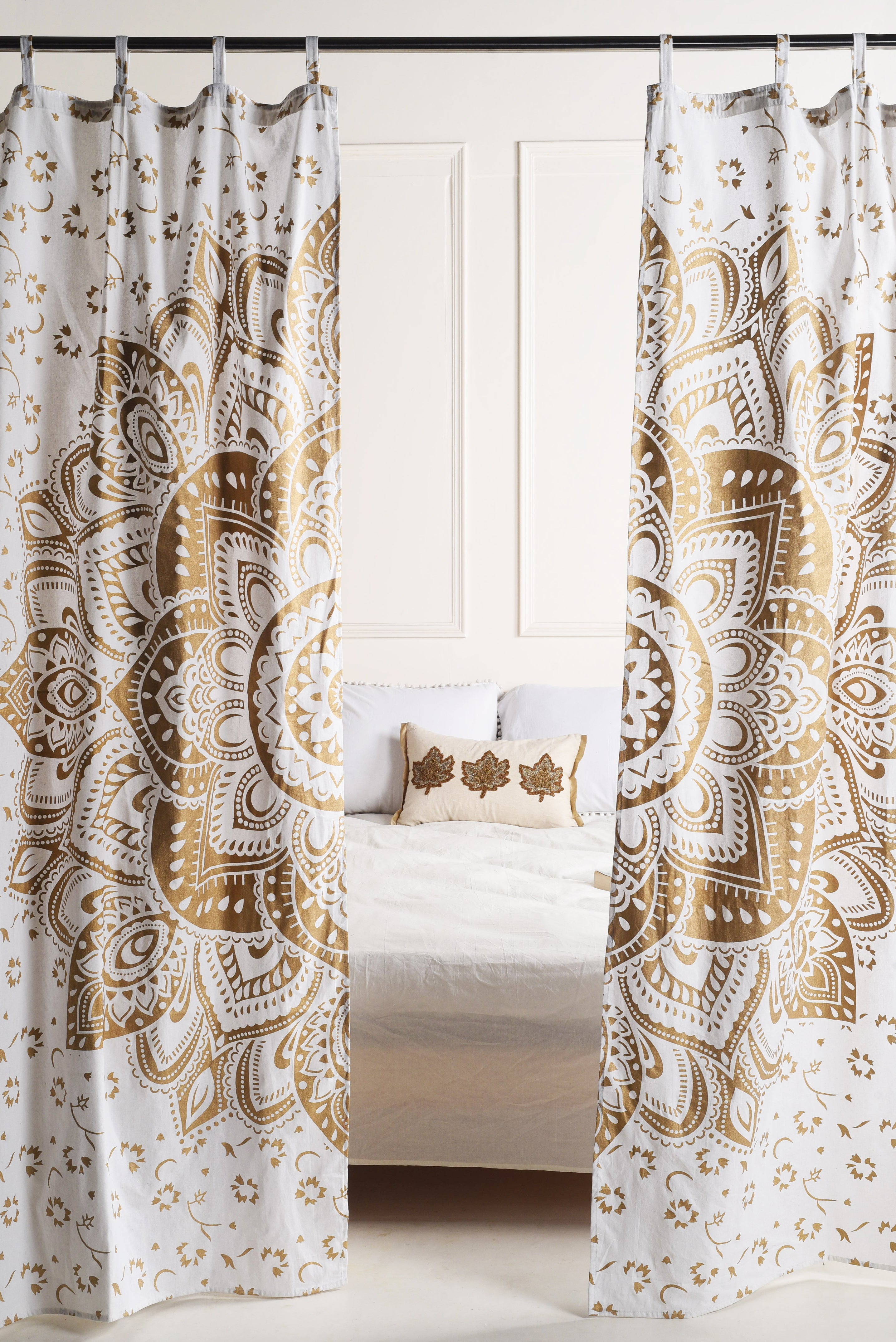 White and Gold Lotus Pure Cotton Mandala Curtains - 2 Panel Set