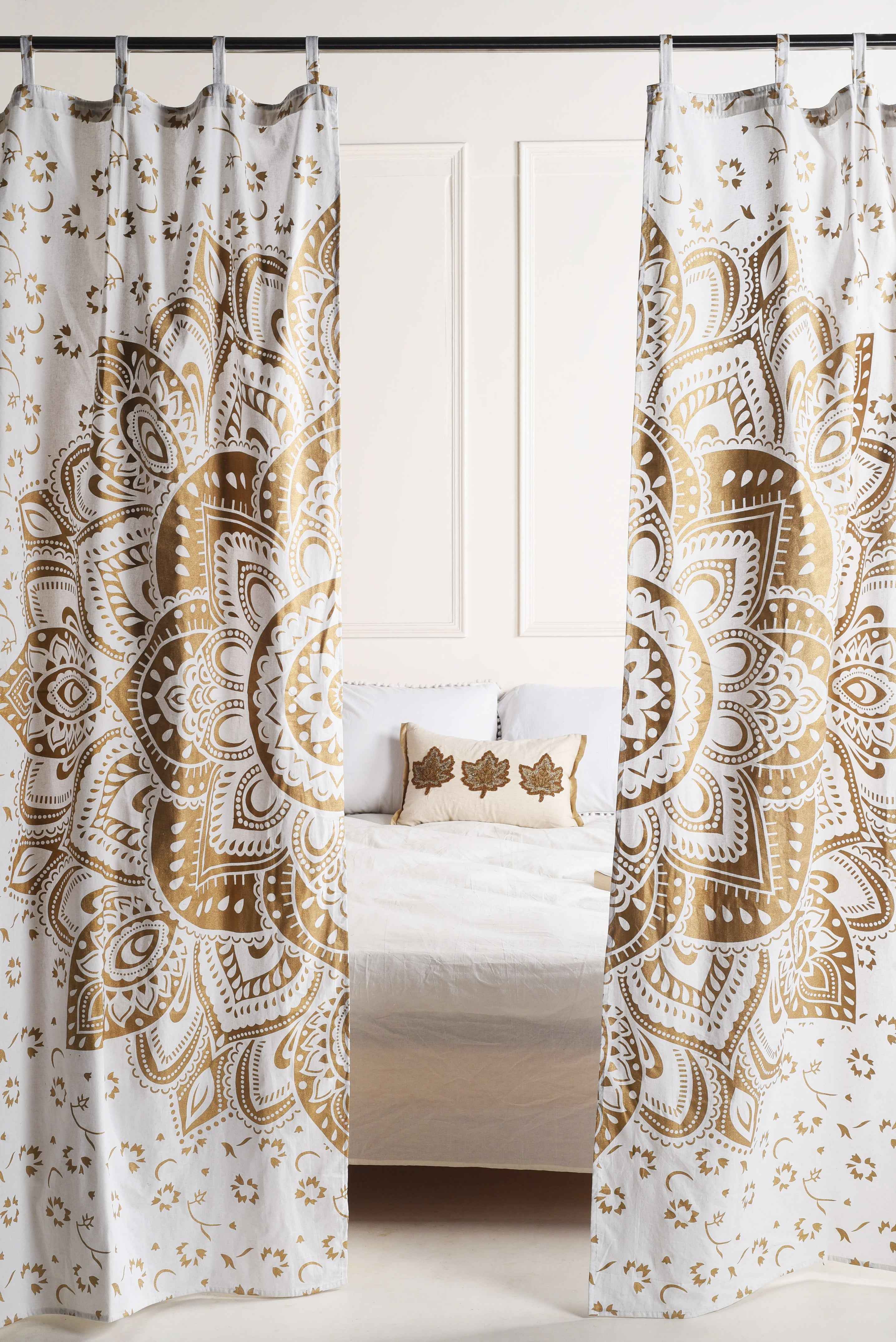 White and Gold Lotus Pure Cotton Mandala Curtains - 2 Panel Set
