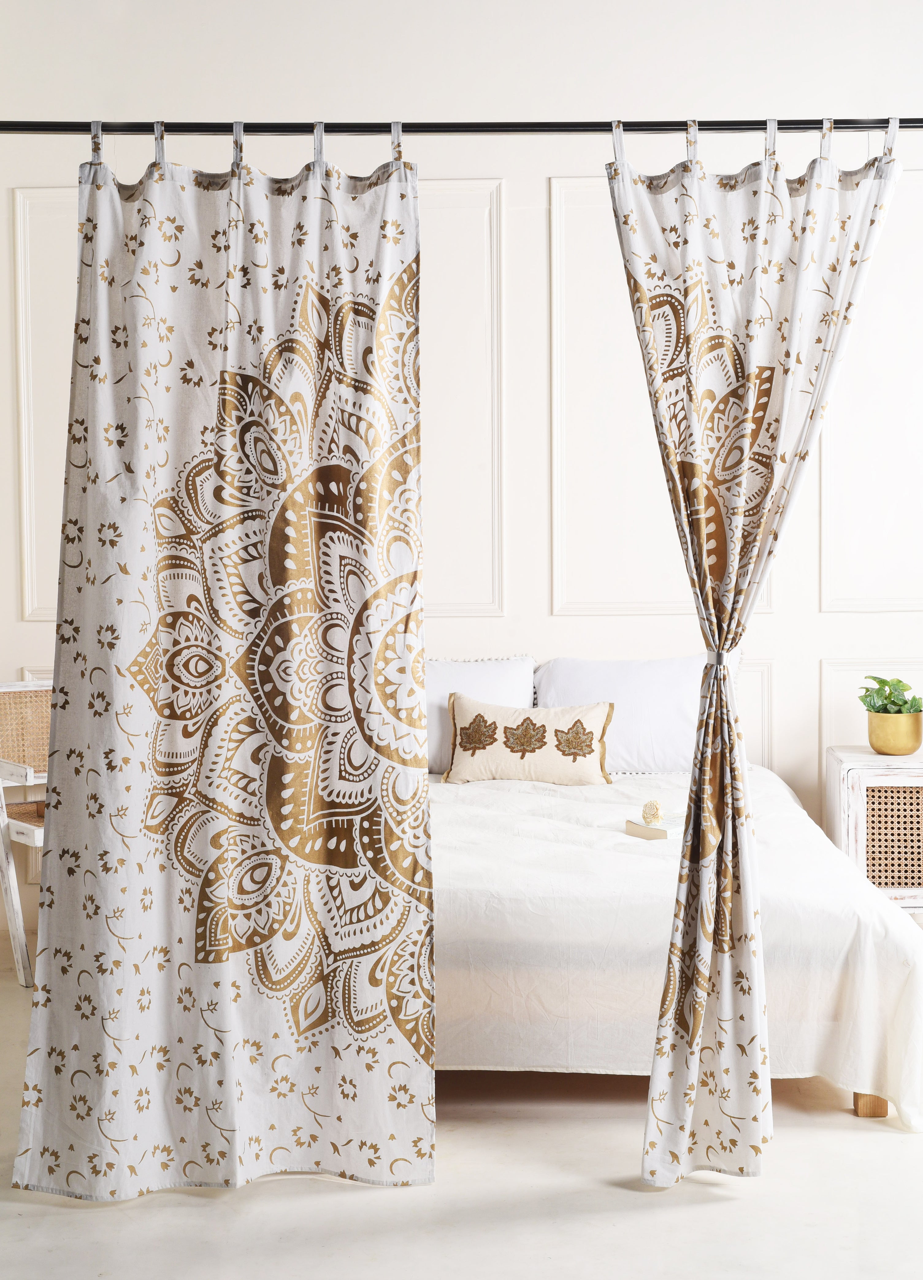 White and Gold Lotus Pure Cotton Mandala Curtains - 2 Panel Set