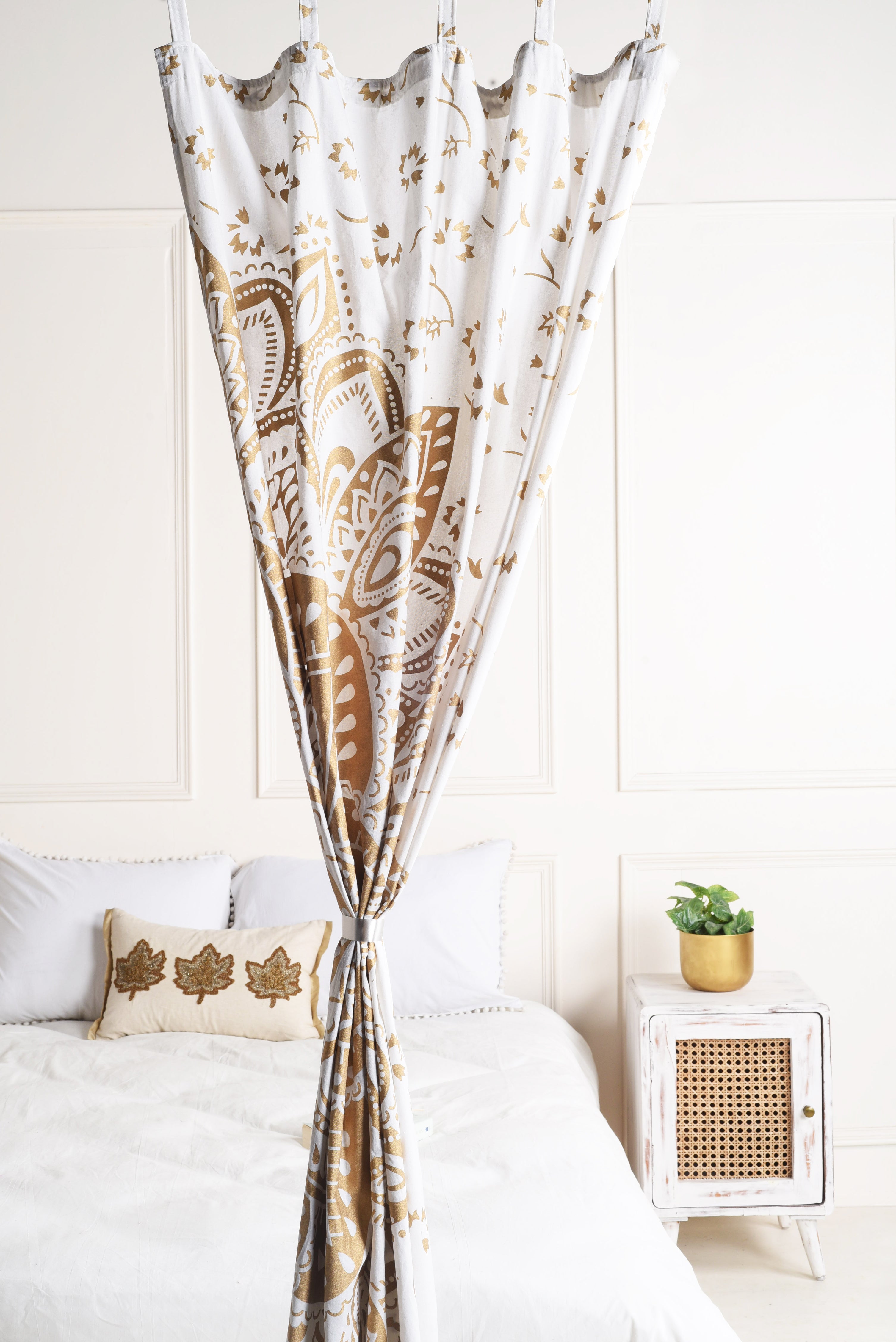 White and Gold Lotus Pure Cotton Mandala Curtains - 2 Panel Set