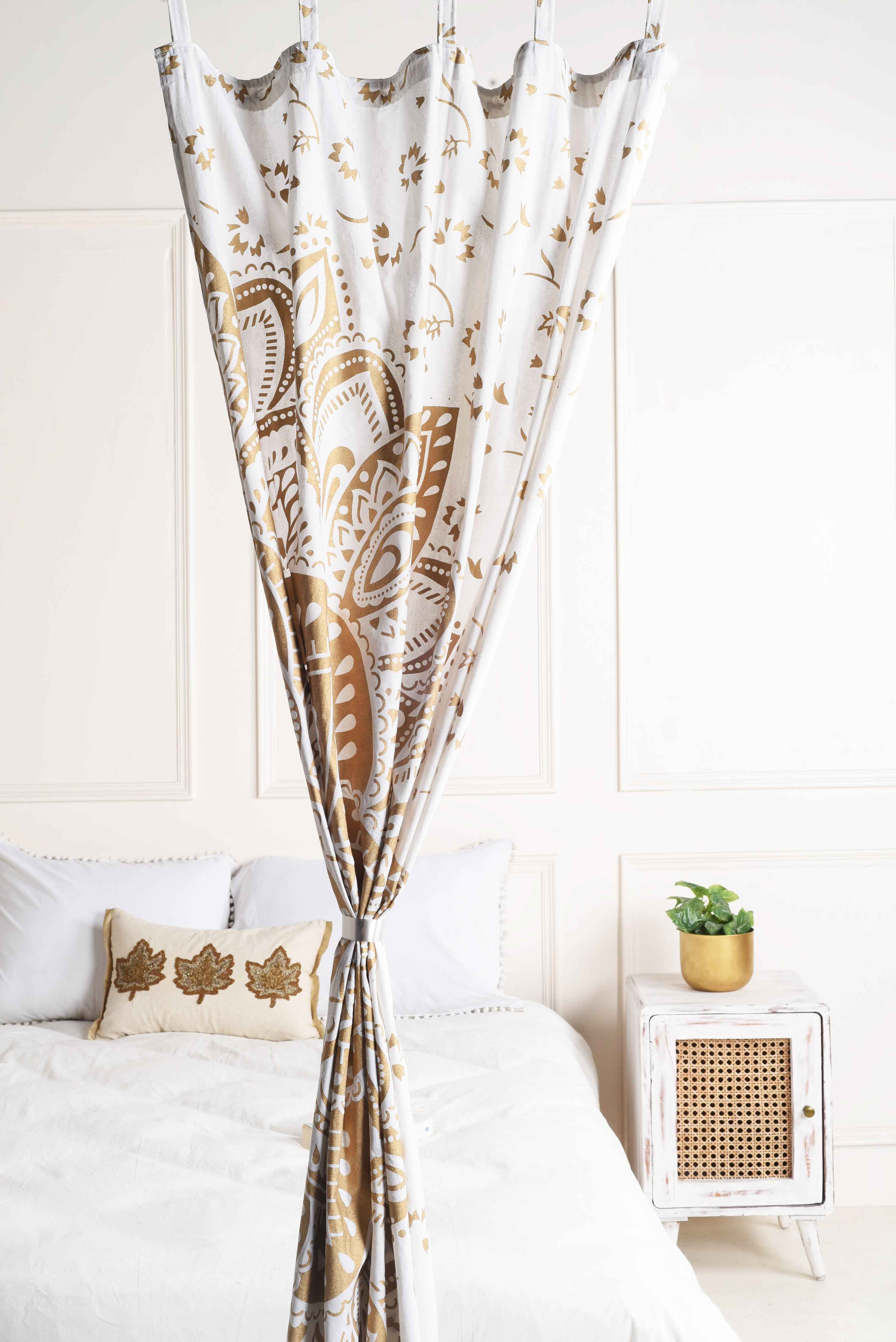 White and Gold Lotus Pure Cotton Mandala Curtains - 2 Panel Set
