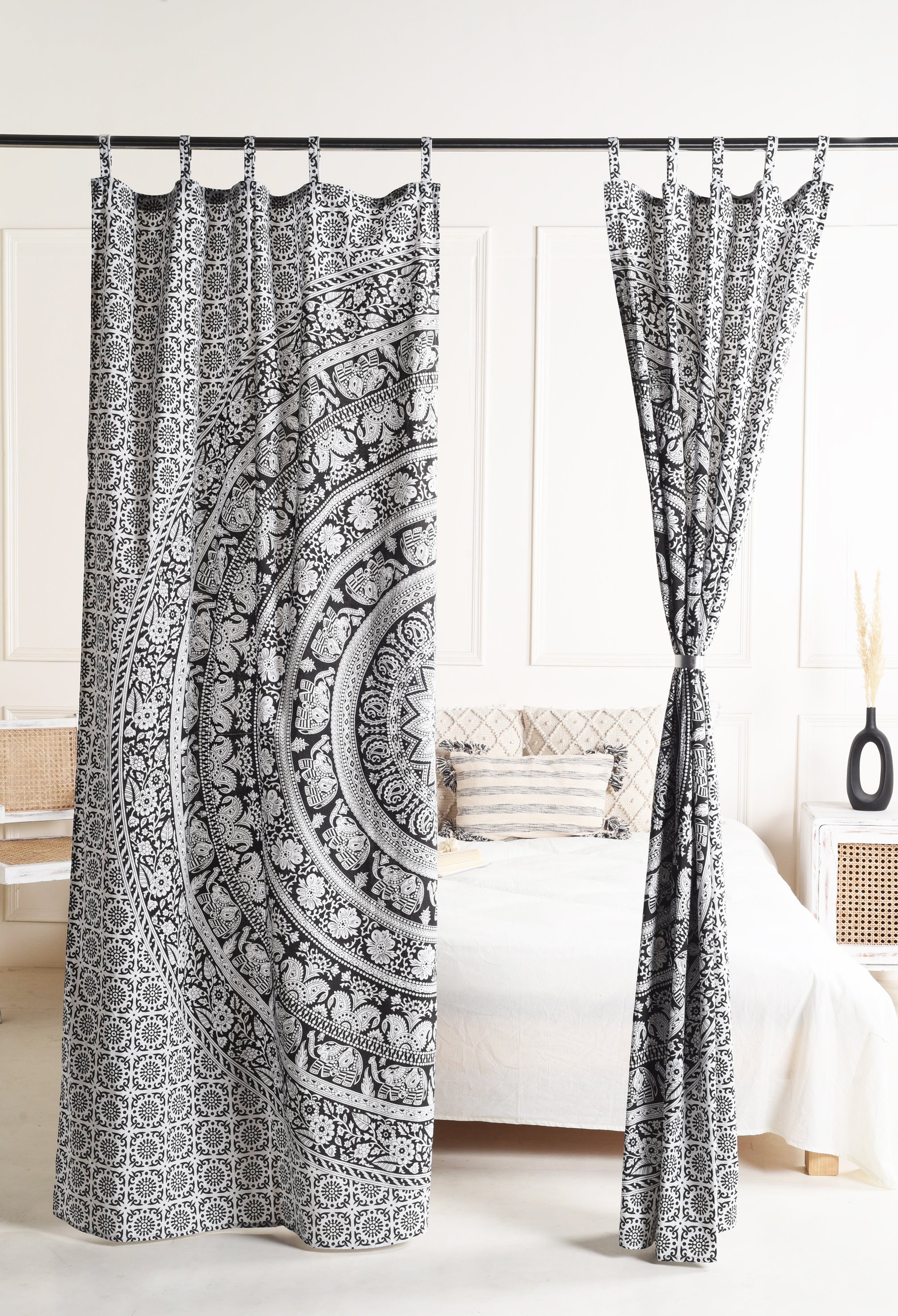 White and Black Pure Cotton Mandala Curtains - 2 Panel Set