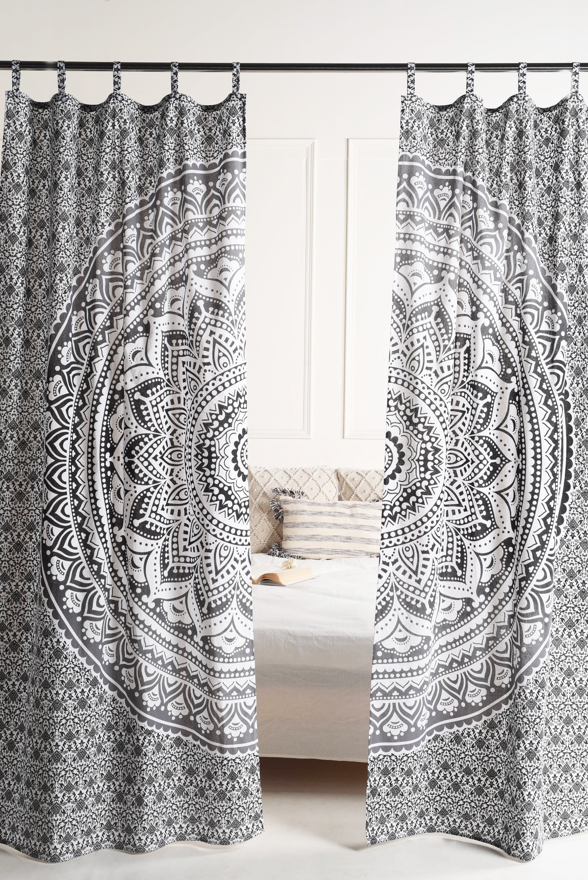 White and Black Pure Cotton Mandala Curtains - 2 Panel Set