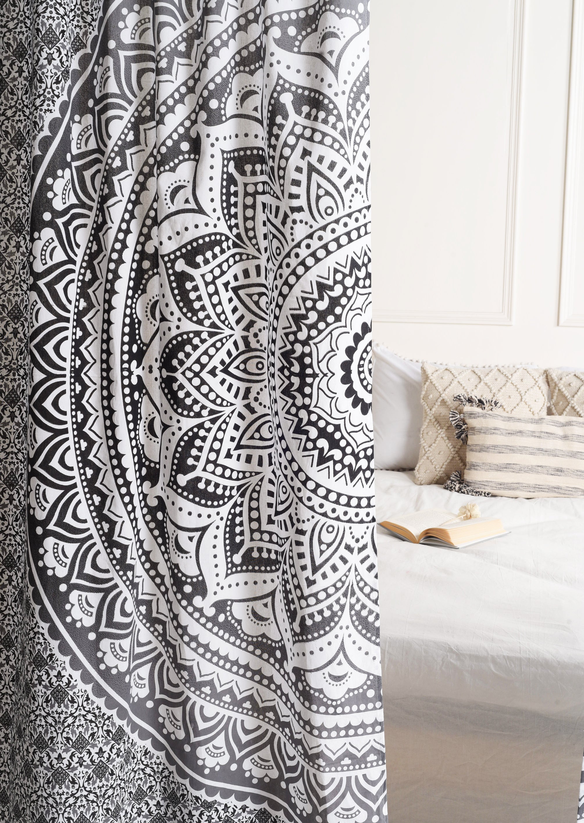 White and Black Pure Cotton Mandala Curtains - 2 Panel Set