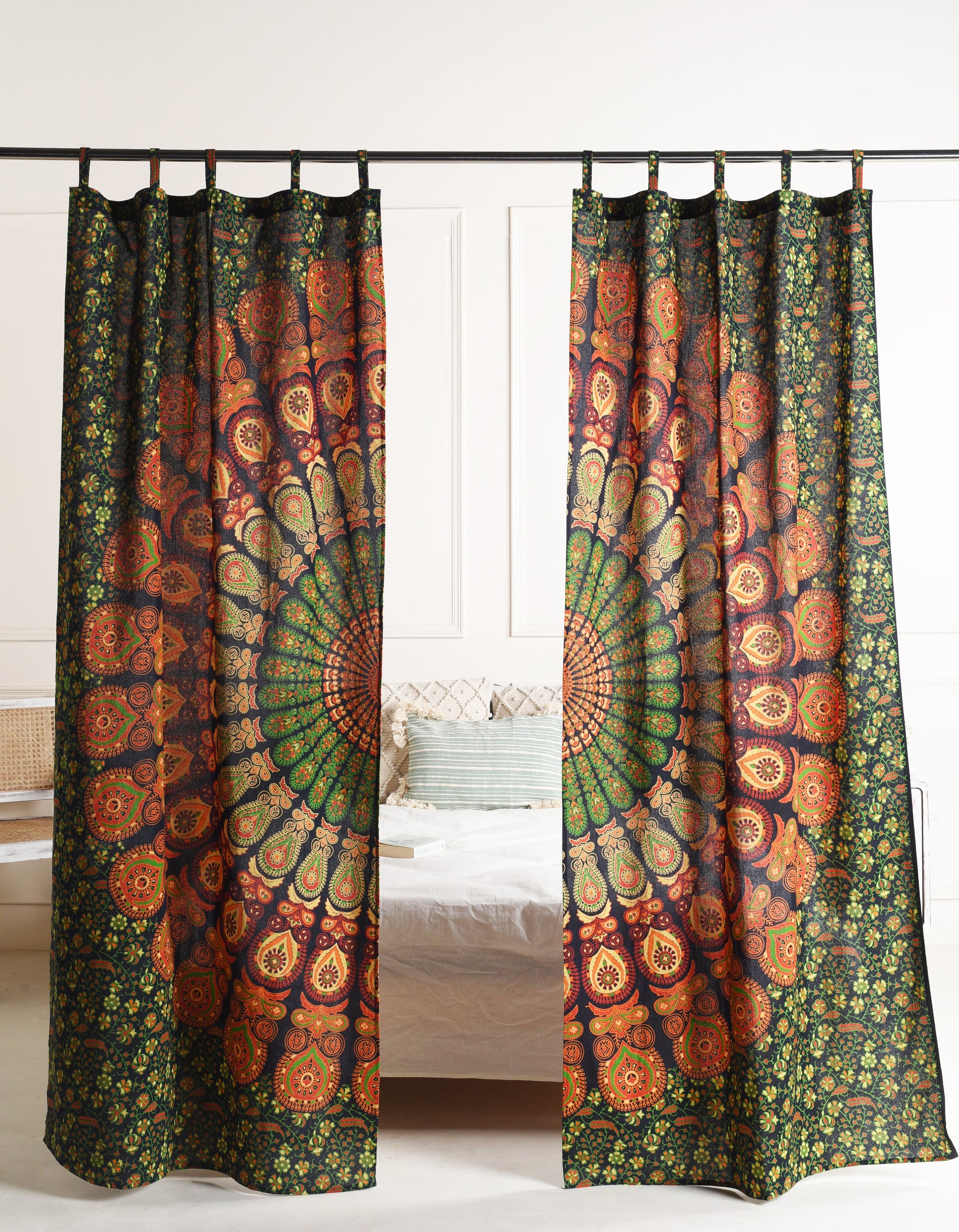 Green Peacock Pure Cotton Mandala Curtains - 2 Panel Set