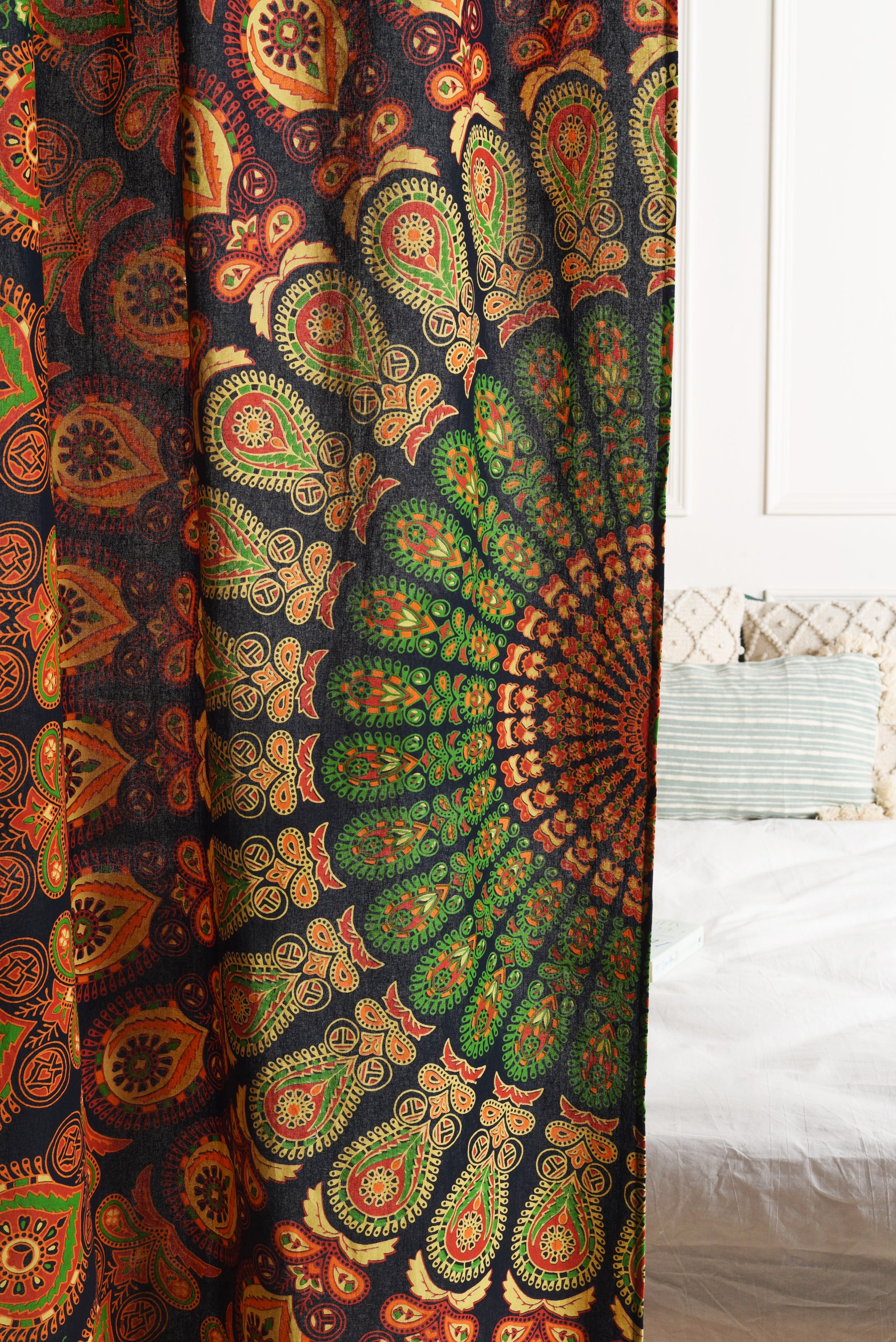 Green Peacock Pure Cotton Mandala Curtains - 2 Panel Set