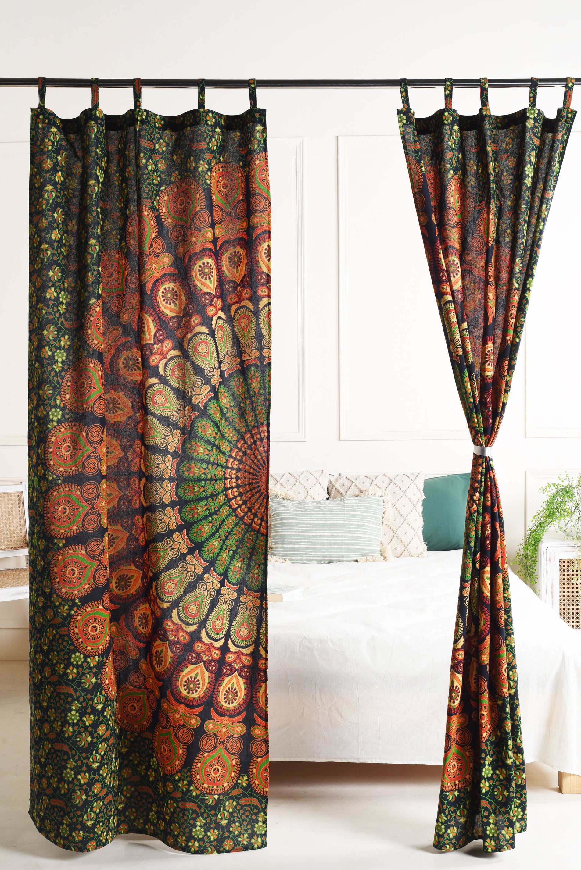 Green Peacock Pure Cotton Mandala Curtains - 2 Panel Set