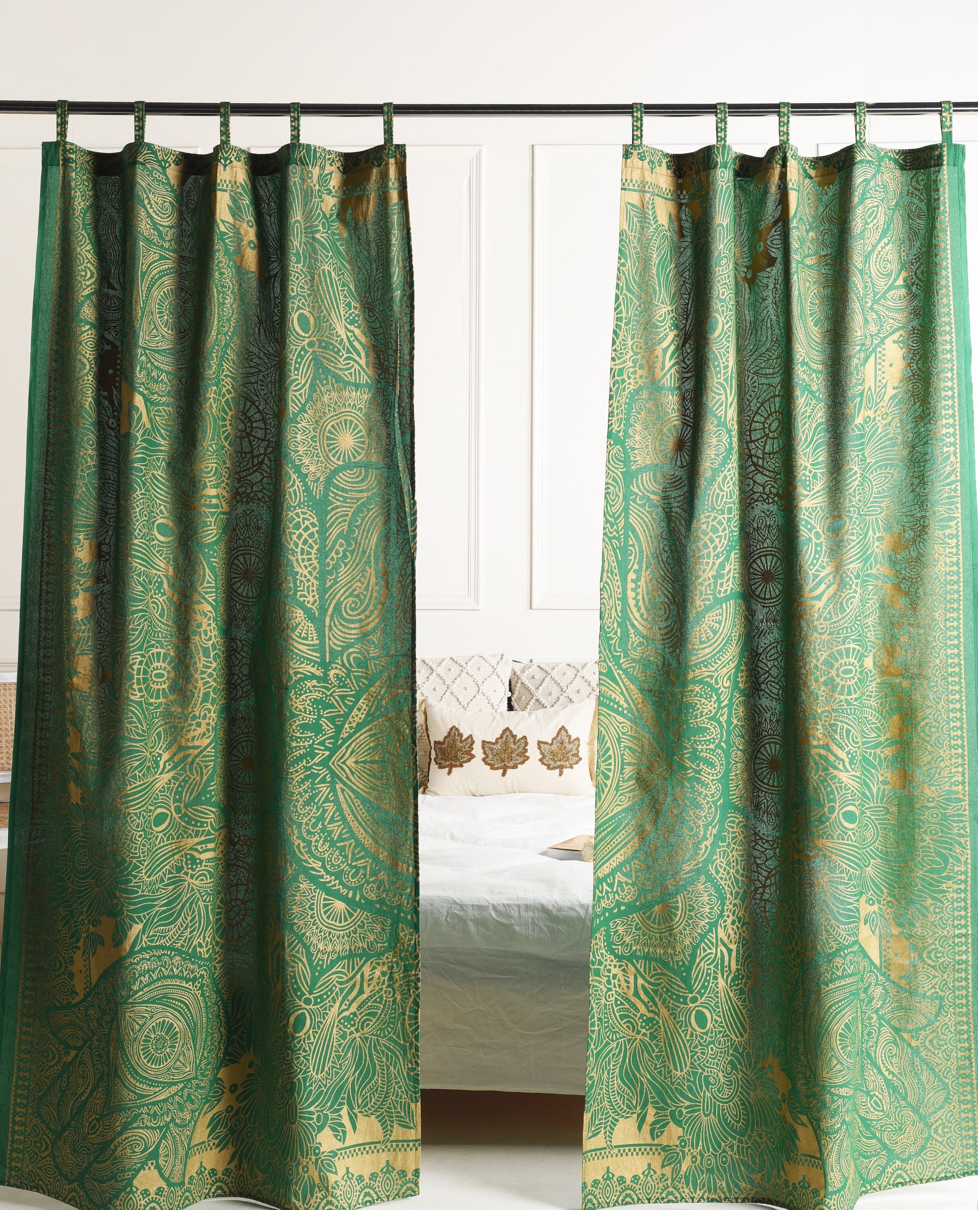 Green Abstract Pure Cotton Mandala Curtains - 2 Panel Set