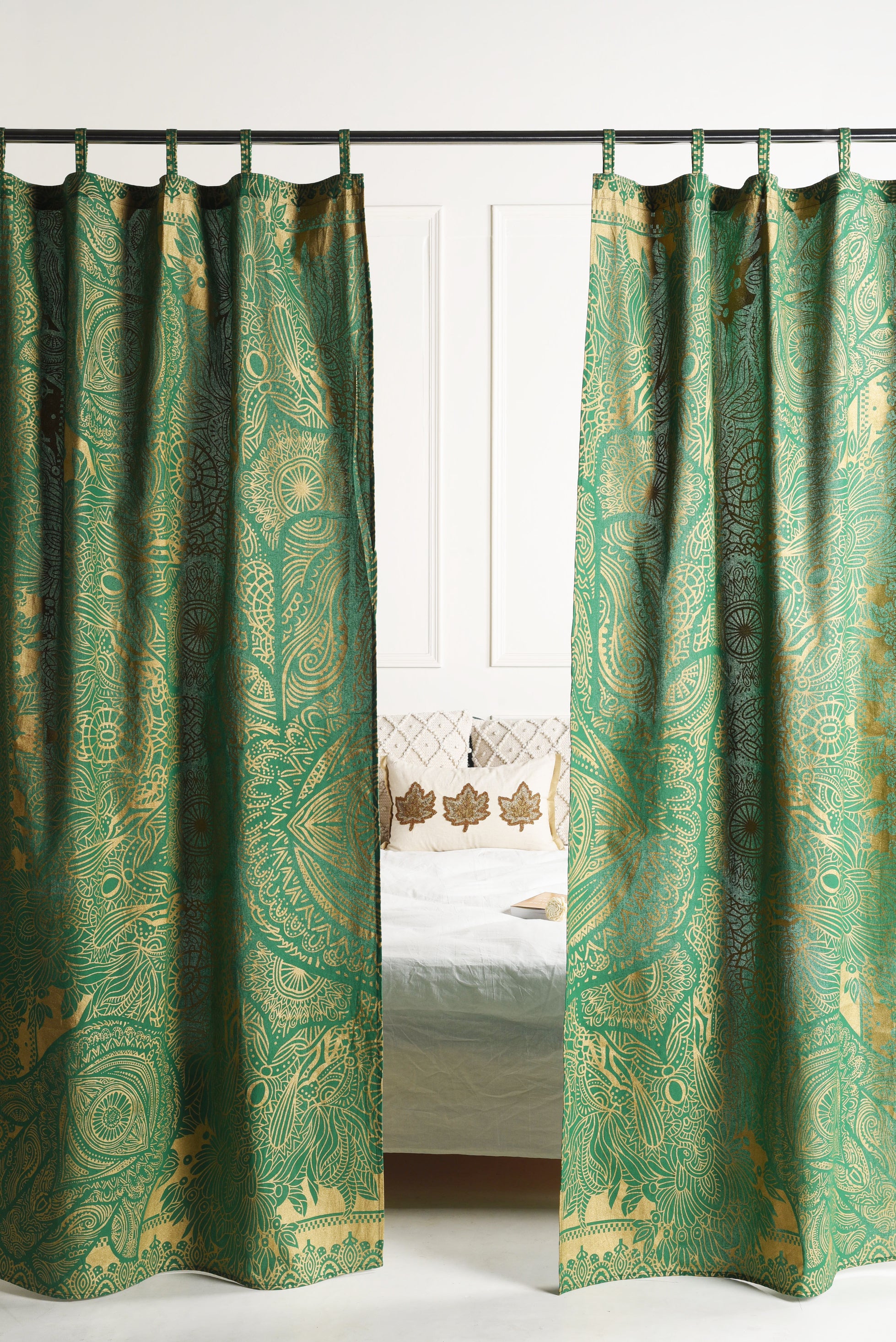 Green Abstract Pure Cotton Mandala Curtains - 2 Panel Set