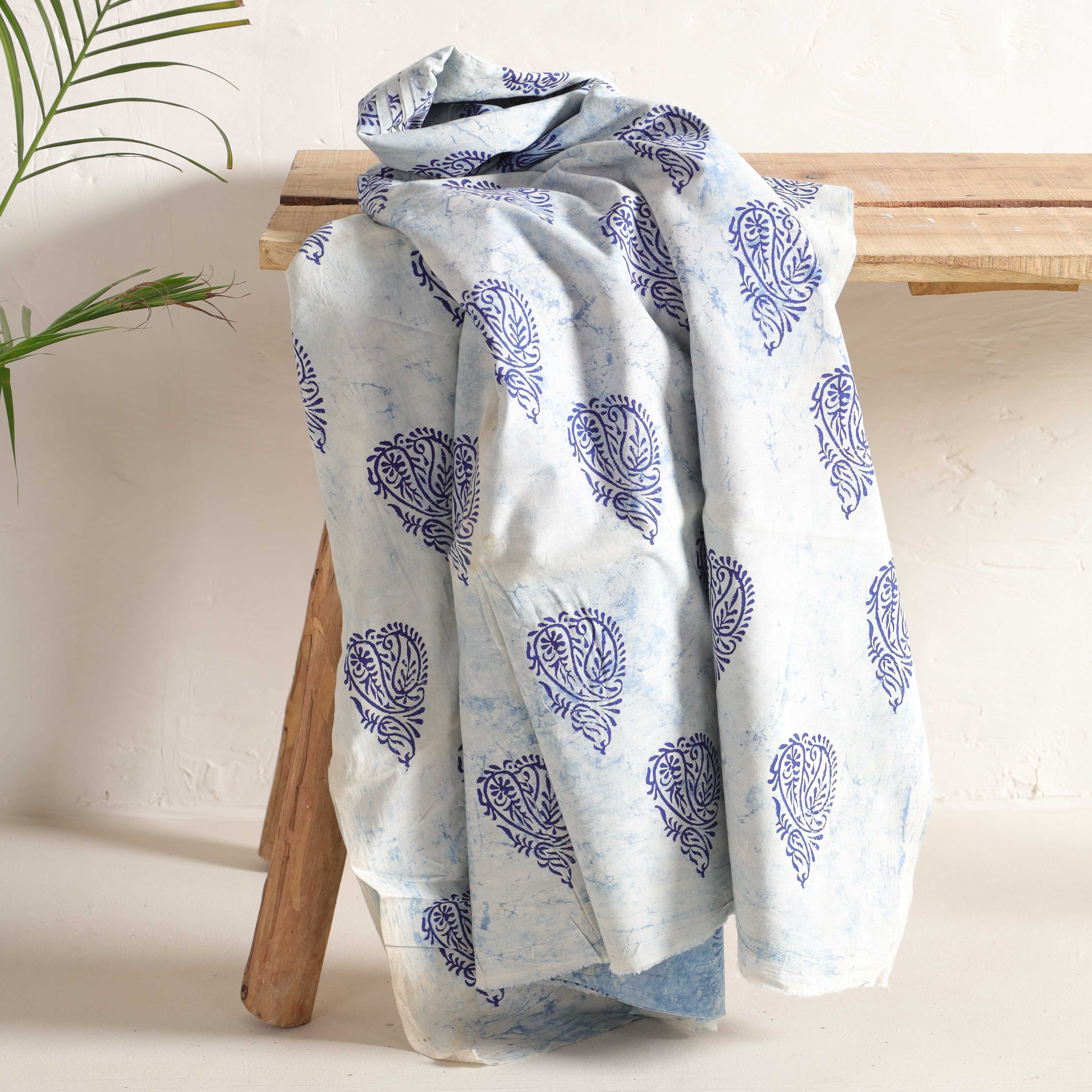 (1 Yard) Artisanal Indigo Paisley Hand-Block Printed Cotton Fabric - 42" Width