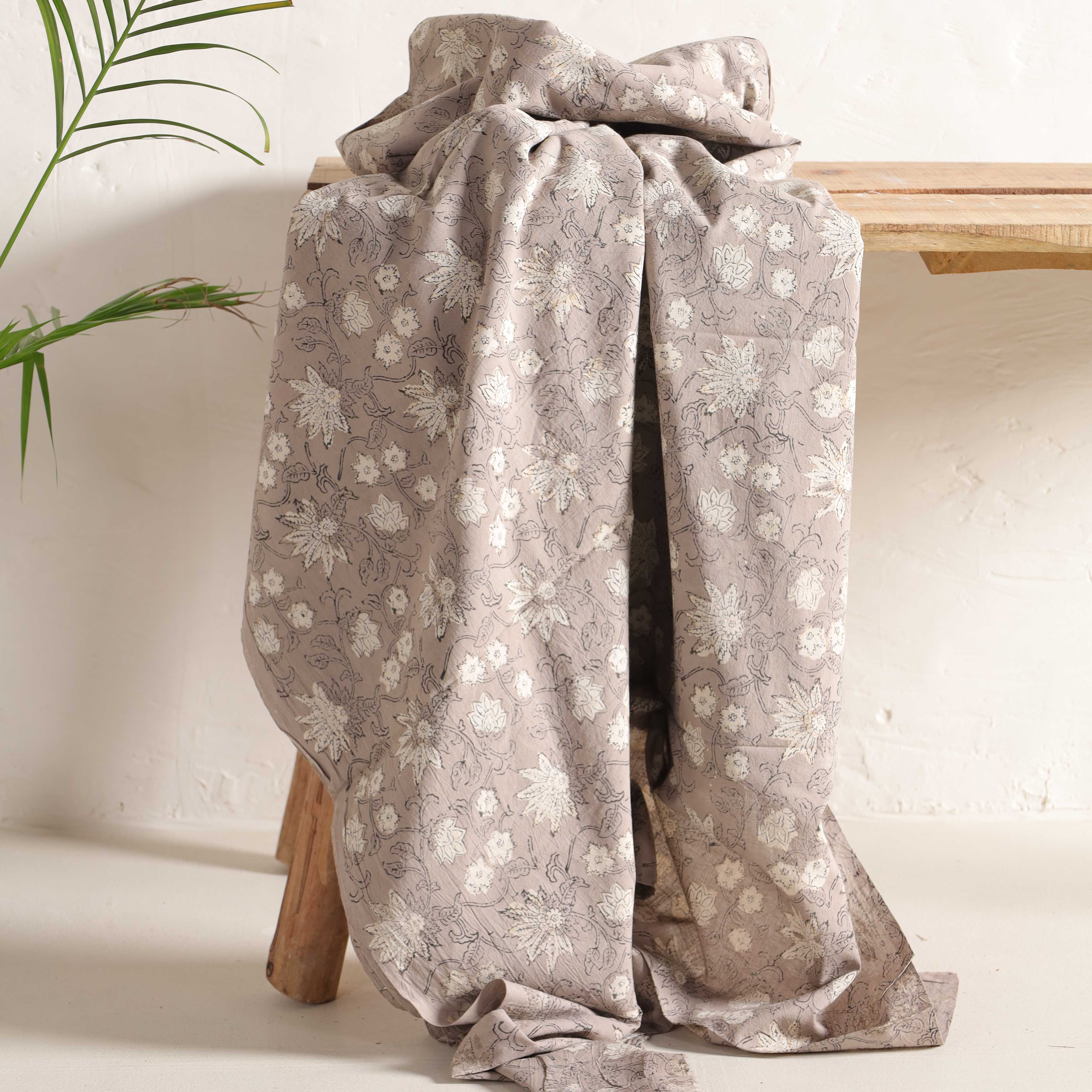 (1 Yard) Artisanal Floral Hand-Block Printed Cotton Fabric - 42" Width