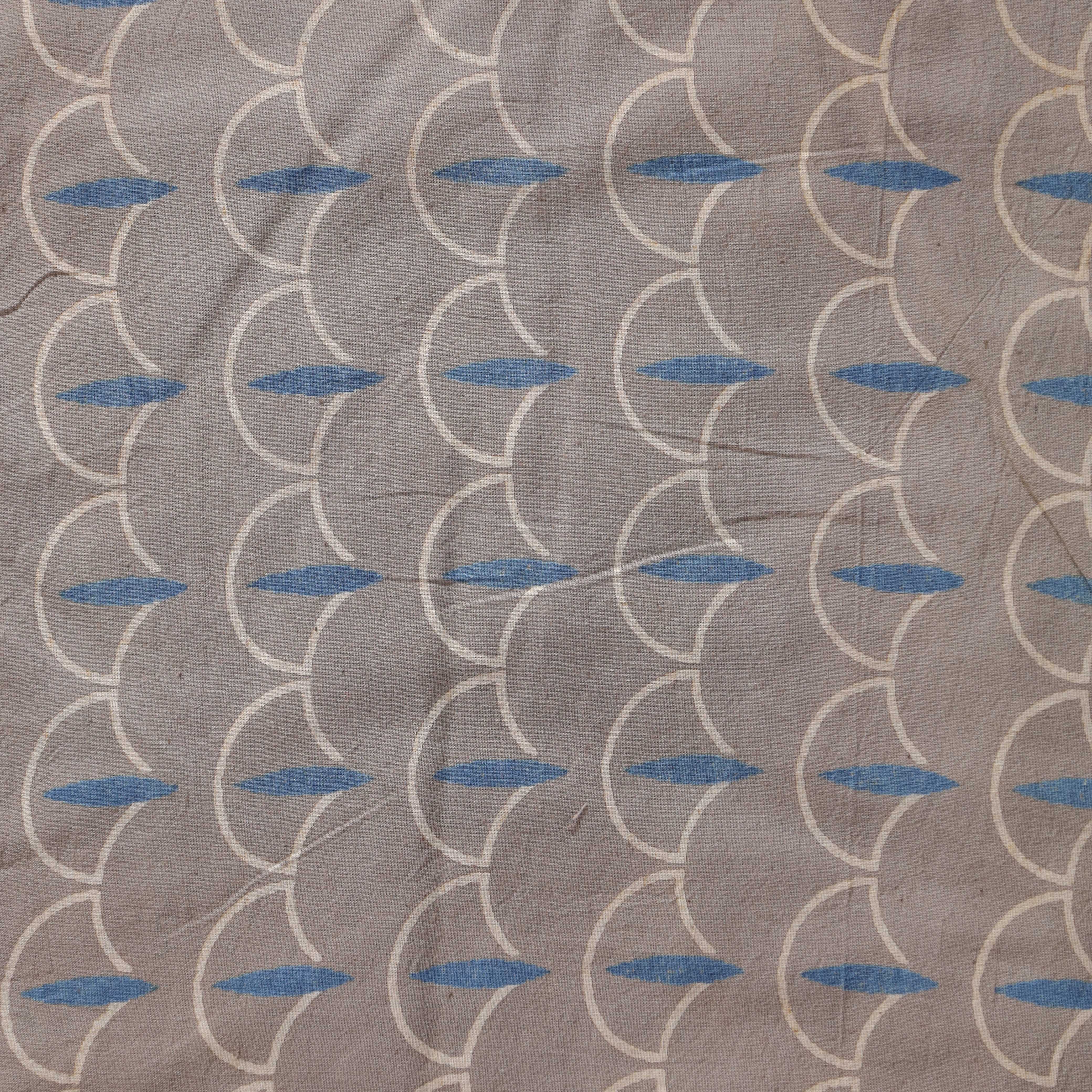 (1 Yard) Artisanal Geometric Wave Hand-Block Print Cotton - Taupe & Indigo - 42" Width