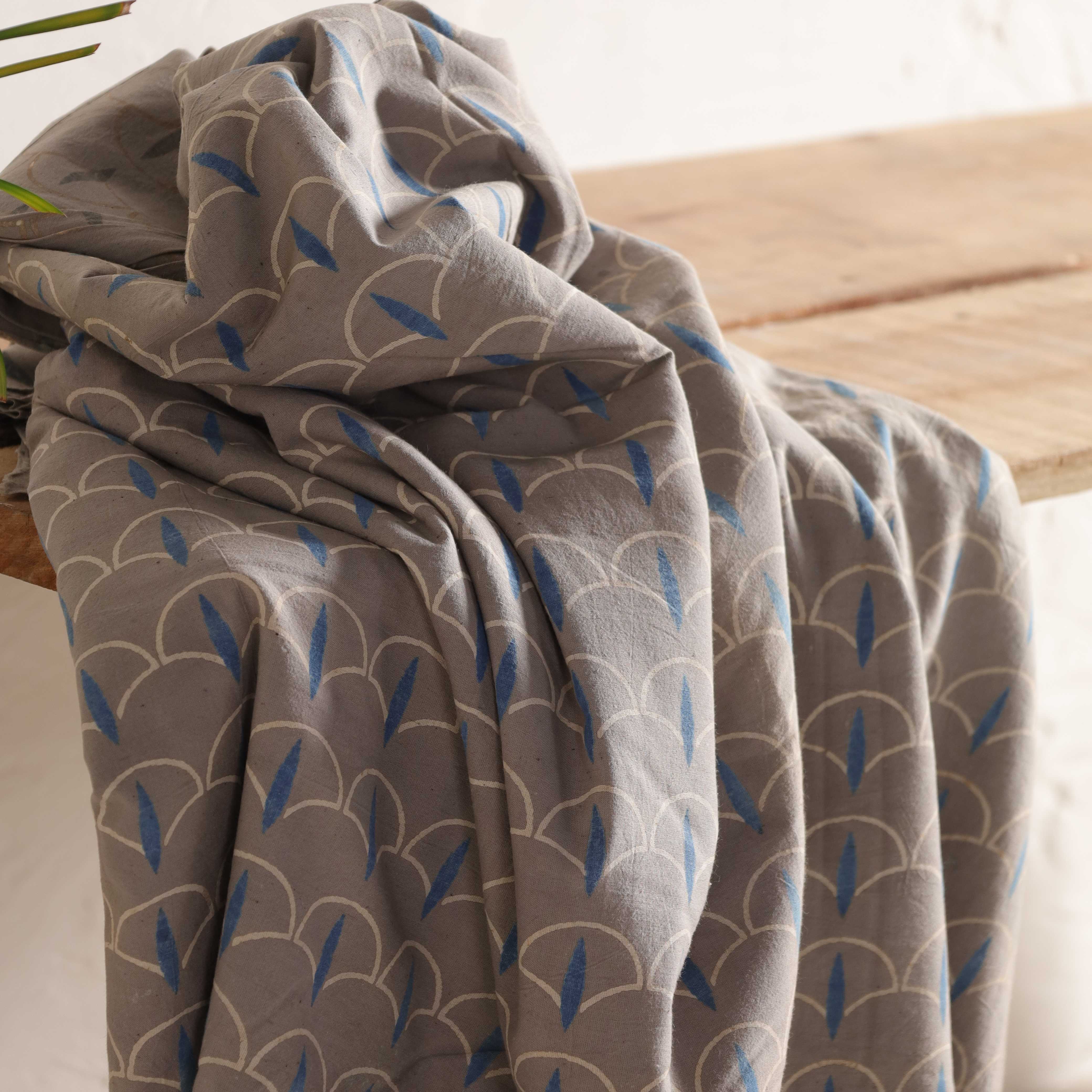 (1 Yard) Artisanal Geometric Wave Hand-Block Print Cotton - Taupe & Indigo - 42" Width